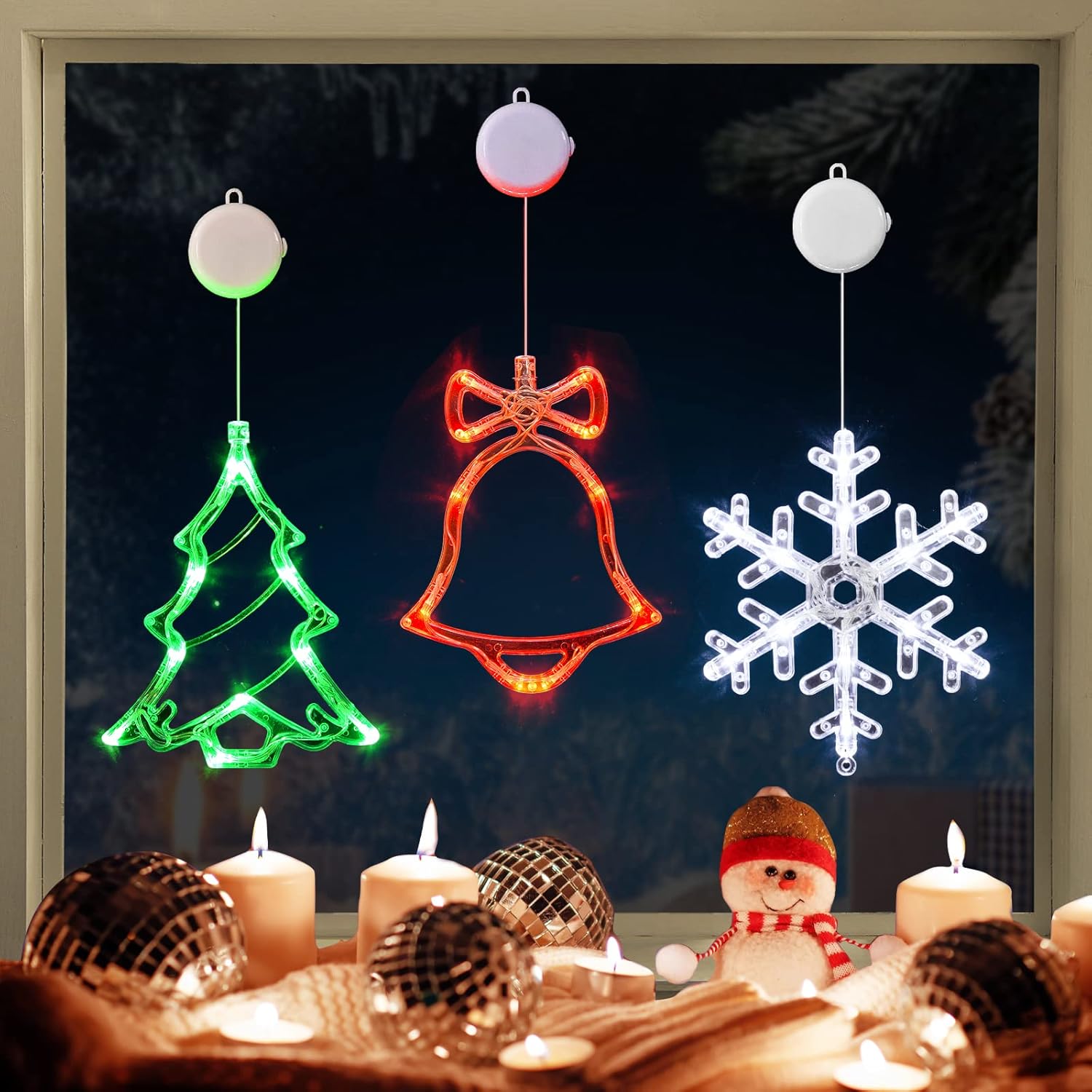 LOLStar Decoración de ventana de Navidad, paquete de 3 cascabeles, árbol de Navidad, copo de nieve con ventosa, función de temporizador y modo de
