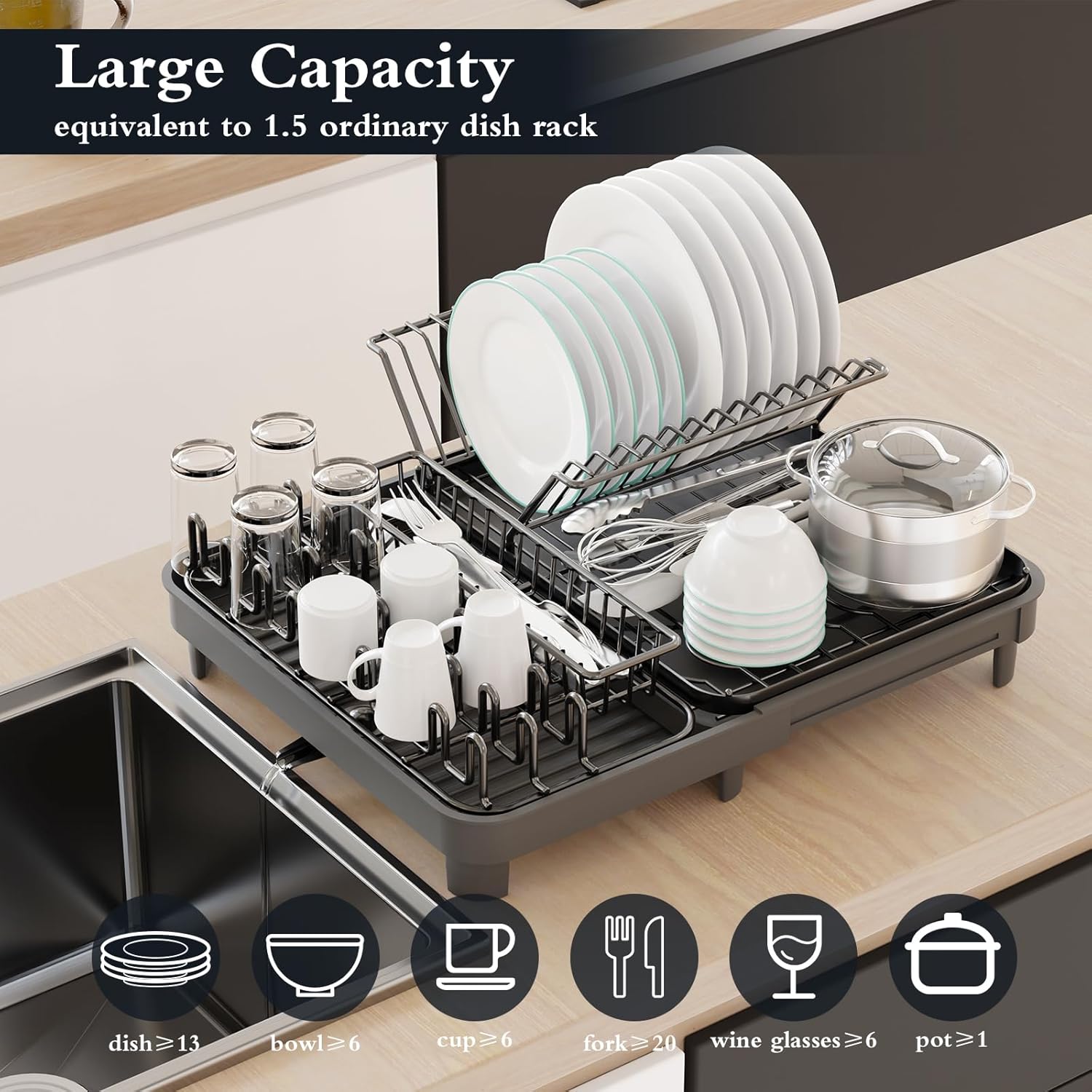 YEPATER Escurridor de platos extensible, escurridor de platos grande con escurridor, soporte para tazas, organizador de cajones de cubiertos,