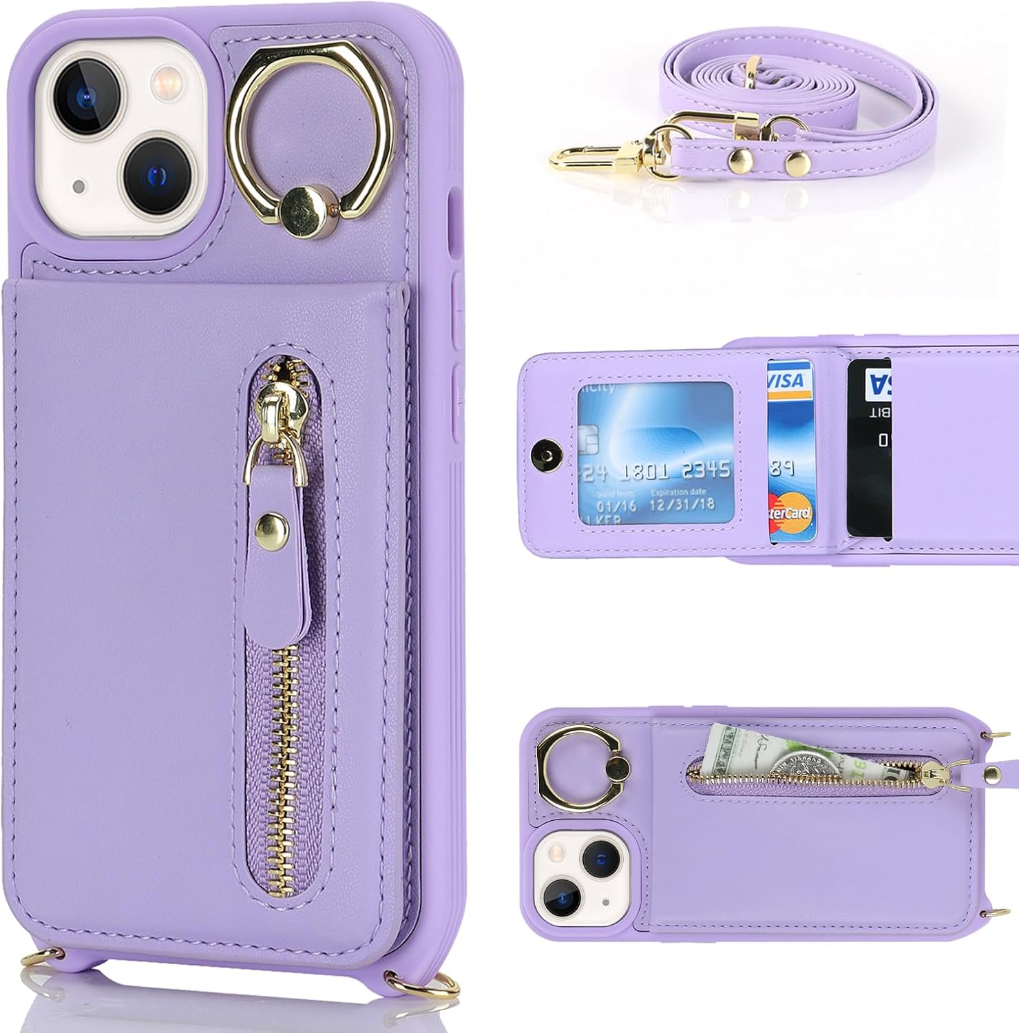 Funda para iPhone 13 Mini con tarjetero para mujer, iPhone 13 Mini, cartera con correa y ranuras para tarjetas de crédito, bandolera con cremallera