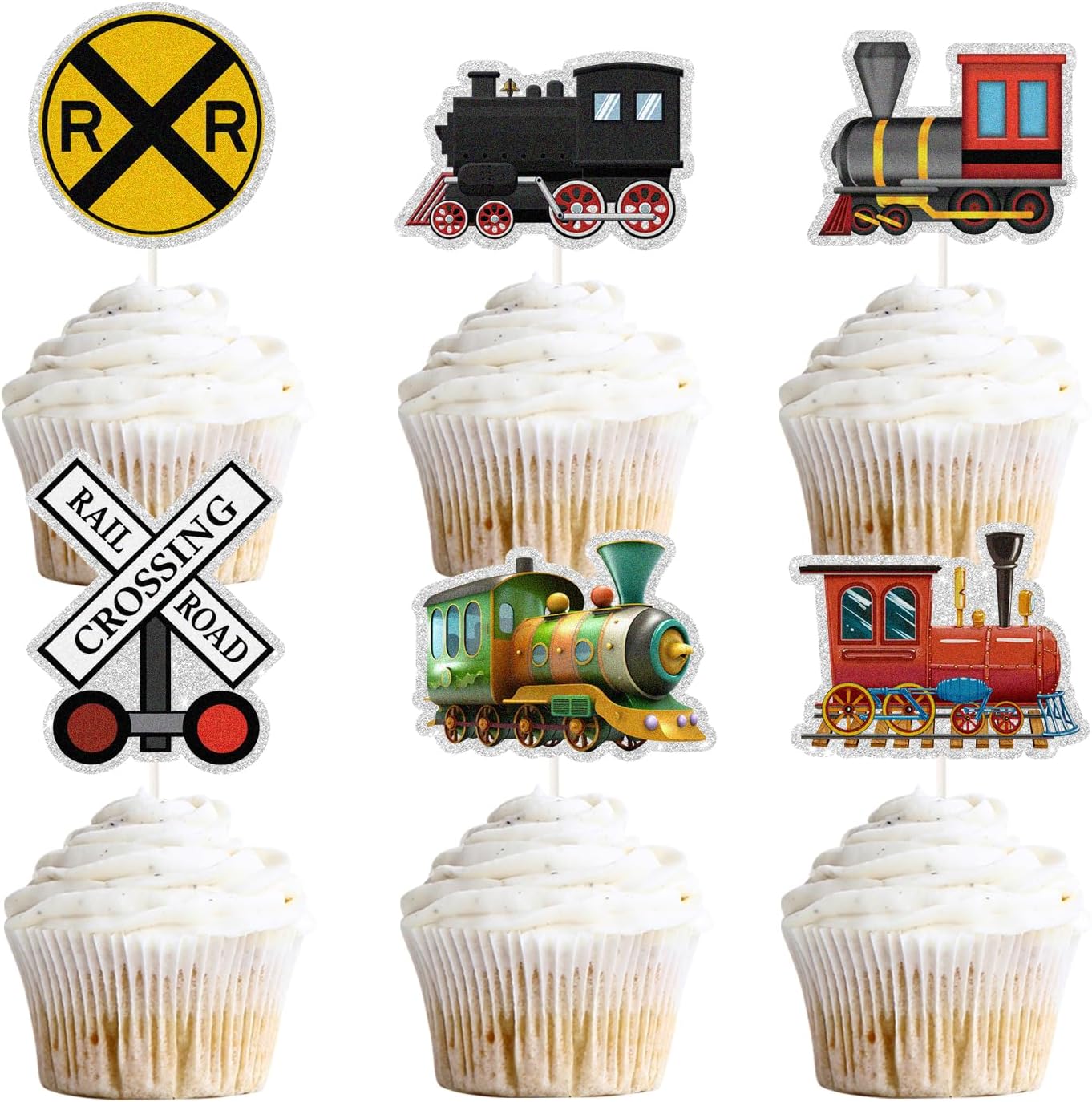 Decoración para magdalenas de postre de tren, 18 piezas de decoración de cupcakes de fiesta de ferrocarril, transporte de tráfico, decoración