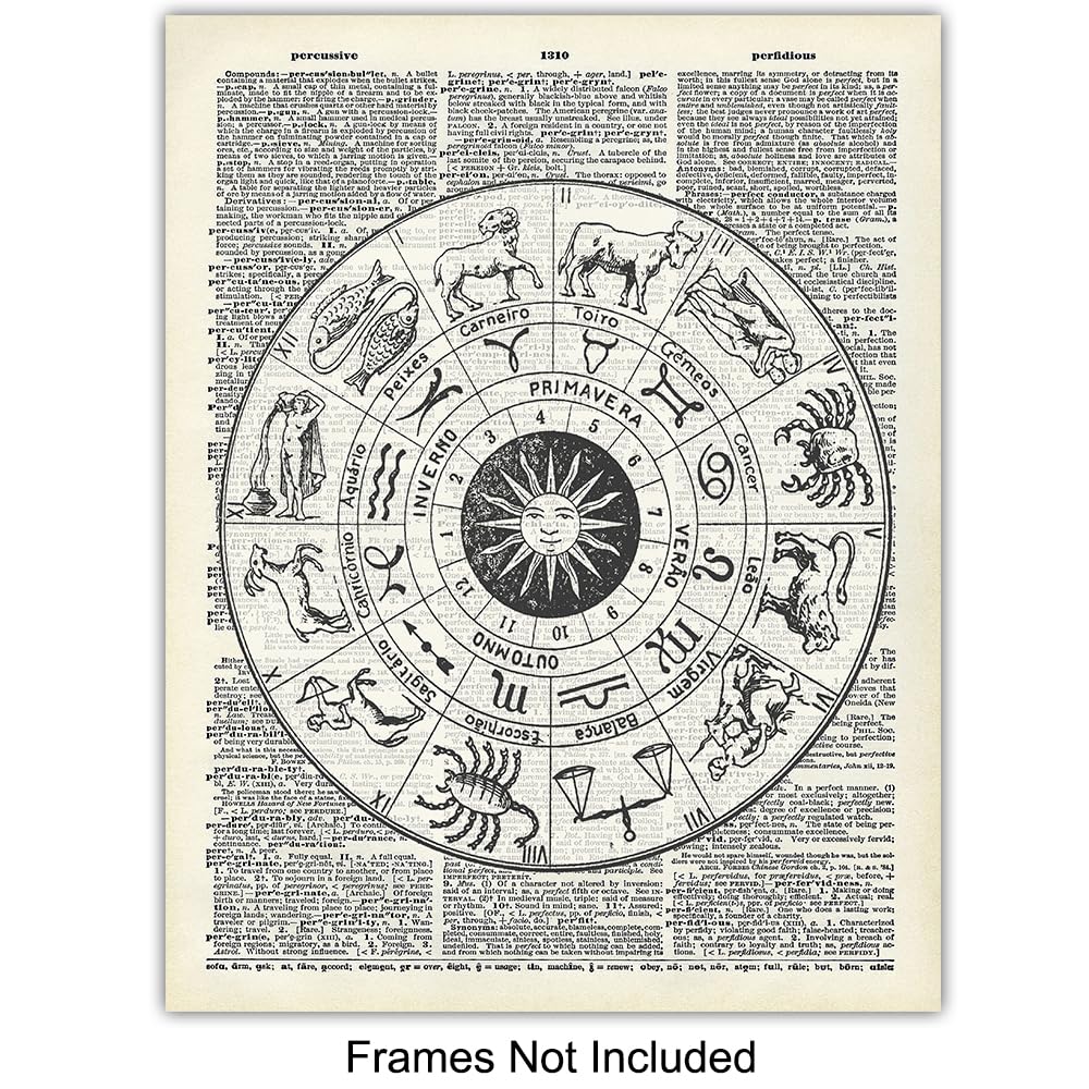 Zodiac Signs Tarot Wall Art 11×14 – Vintage Mystical Arts Home Decor – Cool Eclectic Aesthetic Trendy Gothic Dictionary Art – Psychic, Occult,