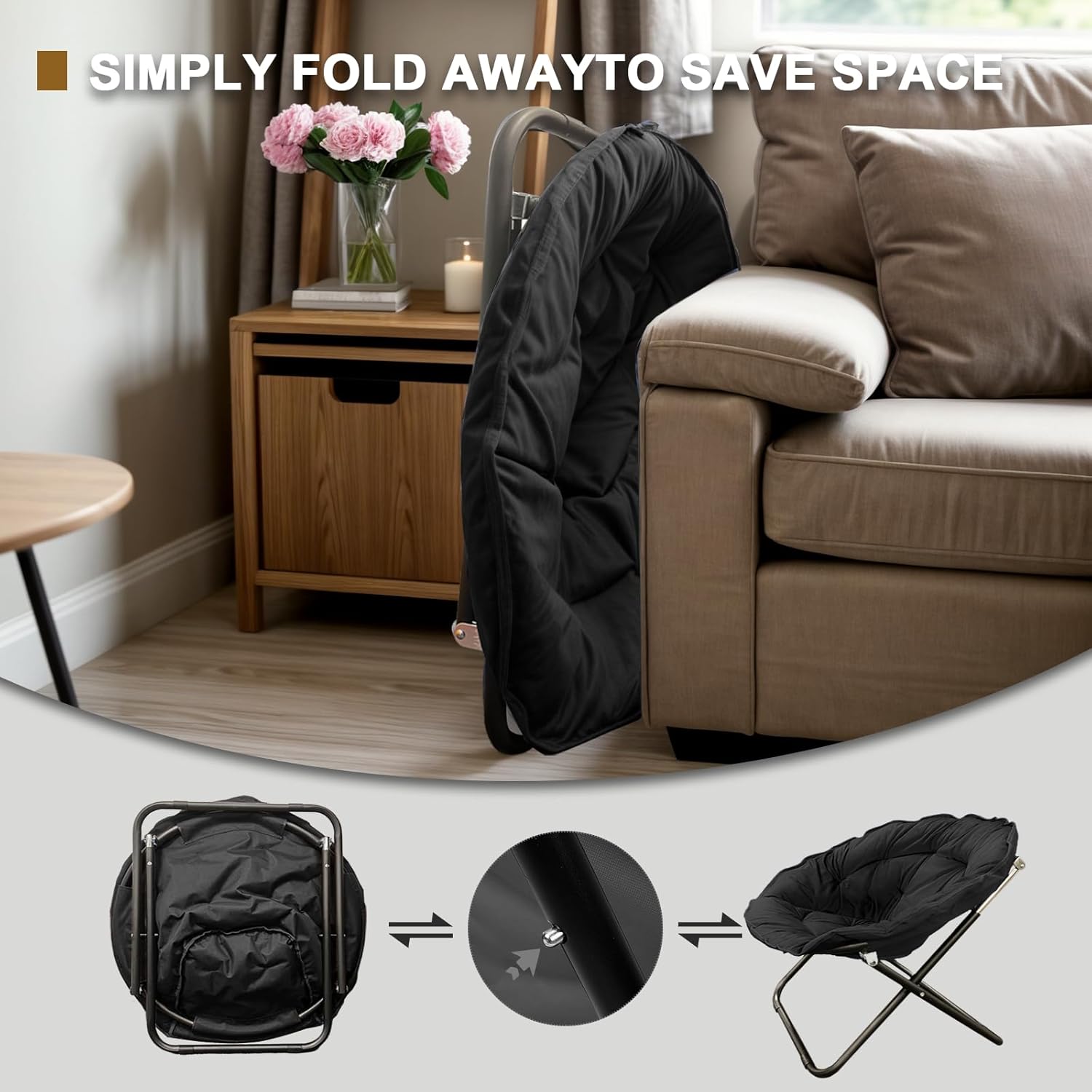 Grezone Silla plegable con platillo, silla de luna perezosa de gran tamaño con marco de metal, cómodas sillas de dormitorio para dormitorio, sala de