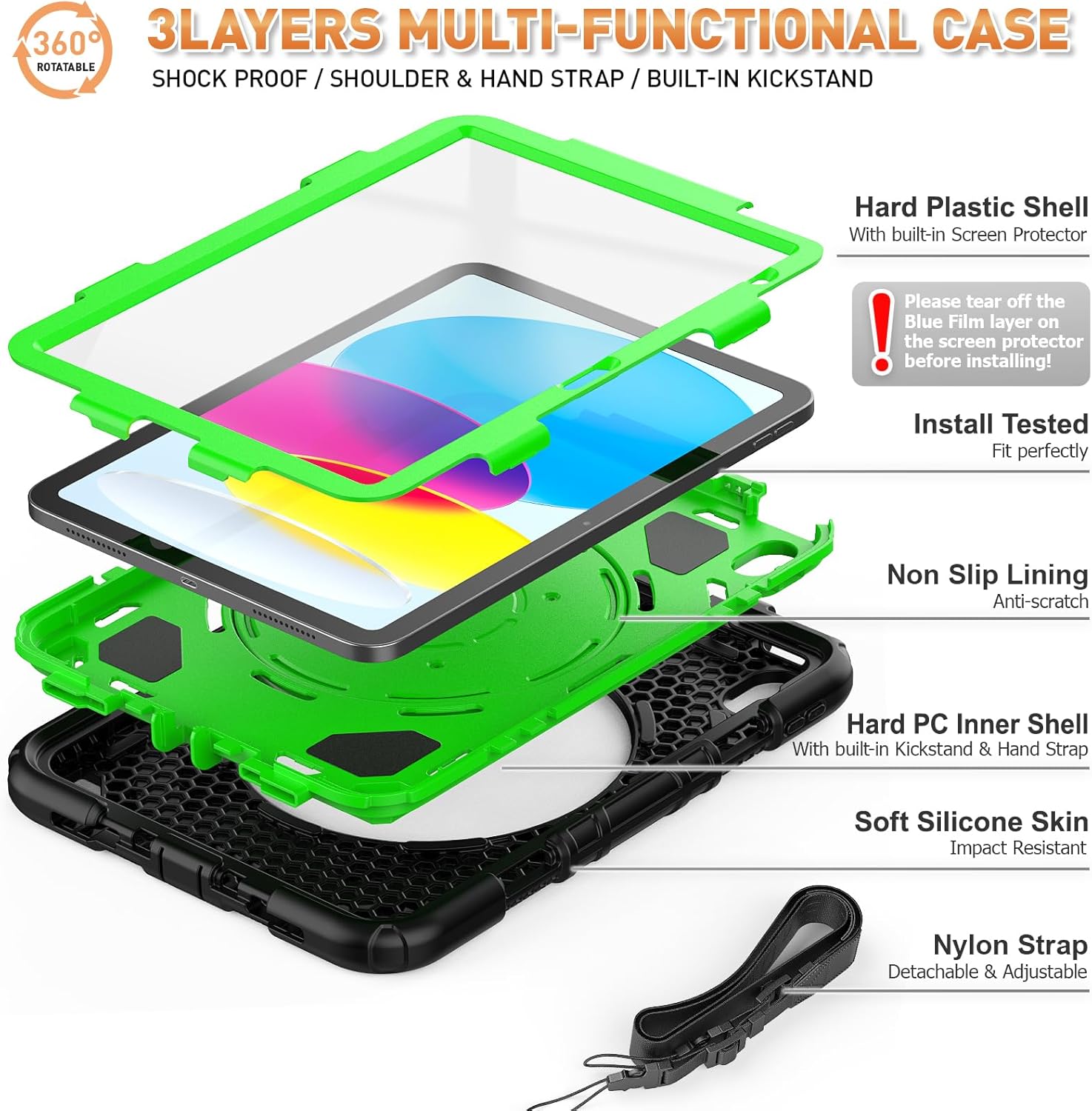 Timecity Funda para iPad de 10 generación, para iPad 10.9 20232022 con protección fuerte, protector de pantalla, correa de mano, correa para el