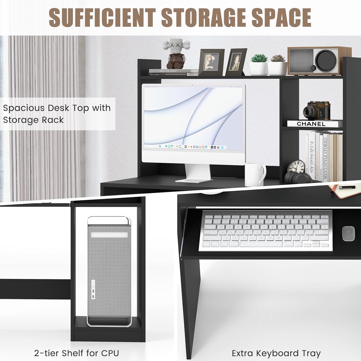 COSTWAY Escritorio negro para computadora con estante de almacenamiento, escritorio de madera con gabinete, escritorio de oficina con soporte para