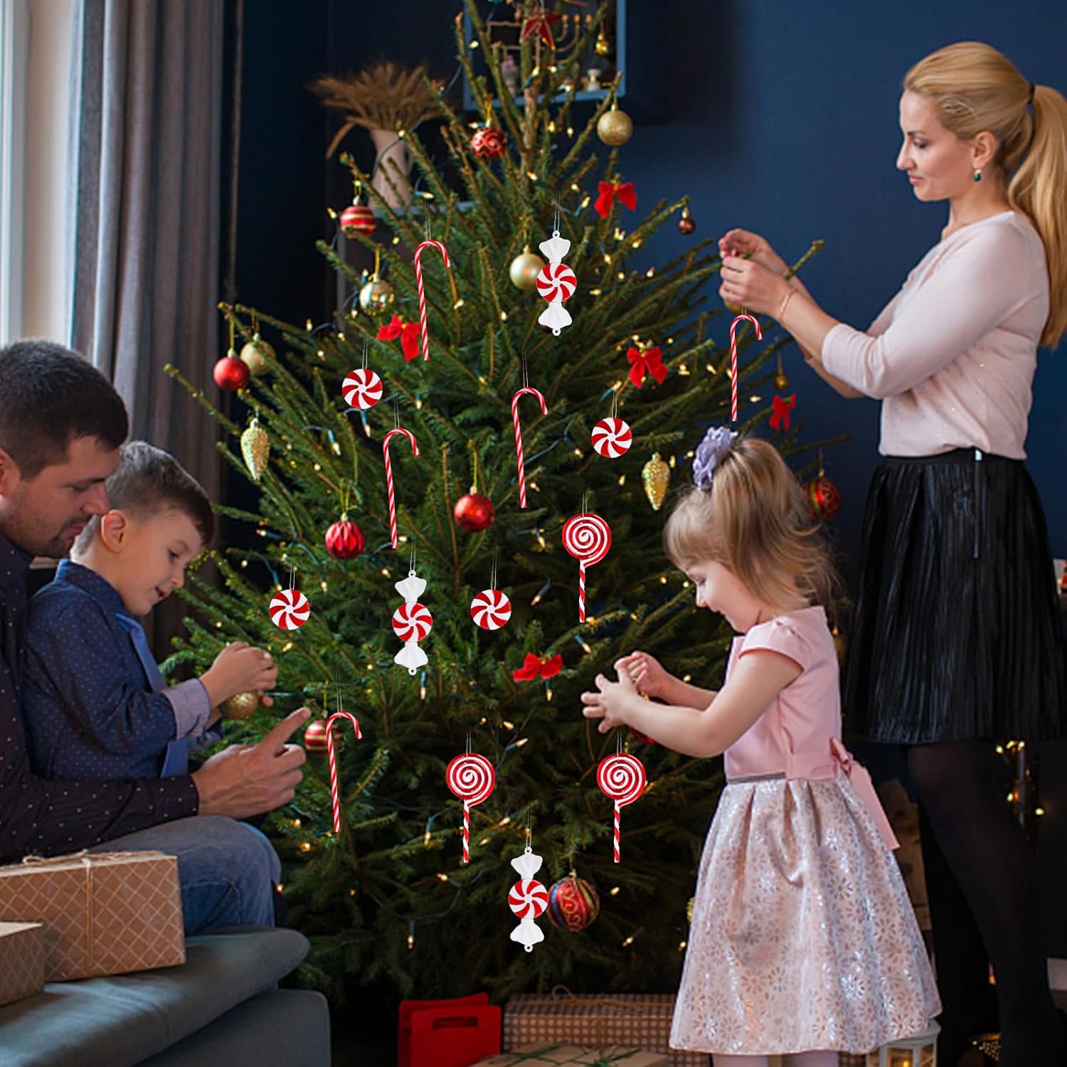 16 piezas de decoraciones de bastón de caramelo de Navidad, decoraciones colgantes colgantes de árbol de Navidad, piruletas torcidas dulces de