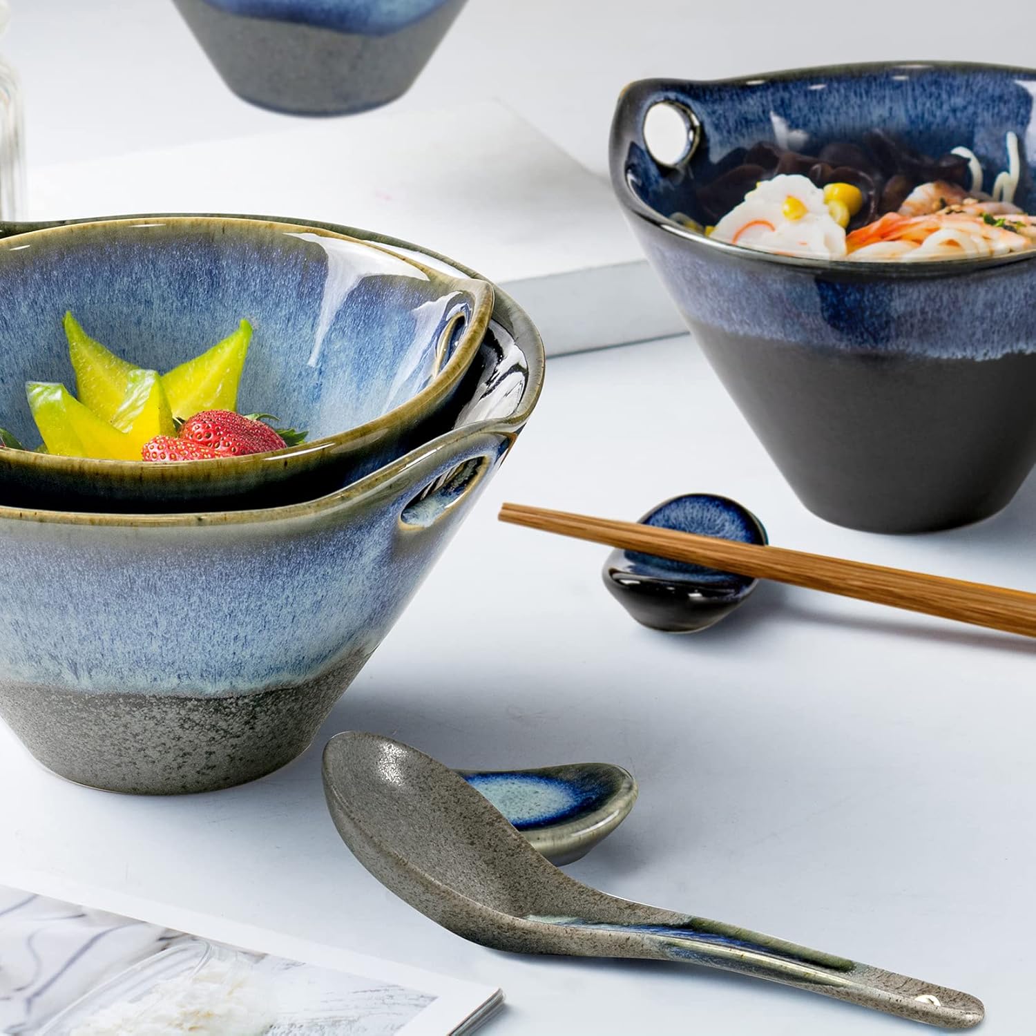 UNICASA – Juego de cuencos de ramen japonés con palillos, cucharas y reposos, 20 onzas de porcelana profunda de fideos juego de 2 para Udon, Pho,