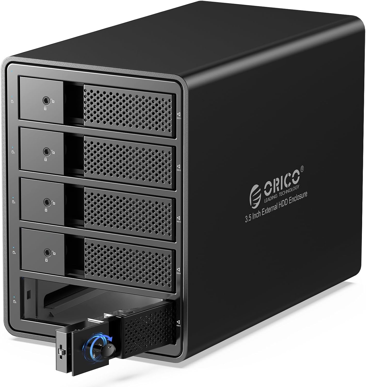 ORICO Caja de disco duro de 5 bahías, sin bandeja, aluminio de 3.5 pulgadas, ventilador de refrigeración integrado de 3.150 in y fuente de