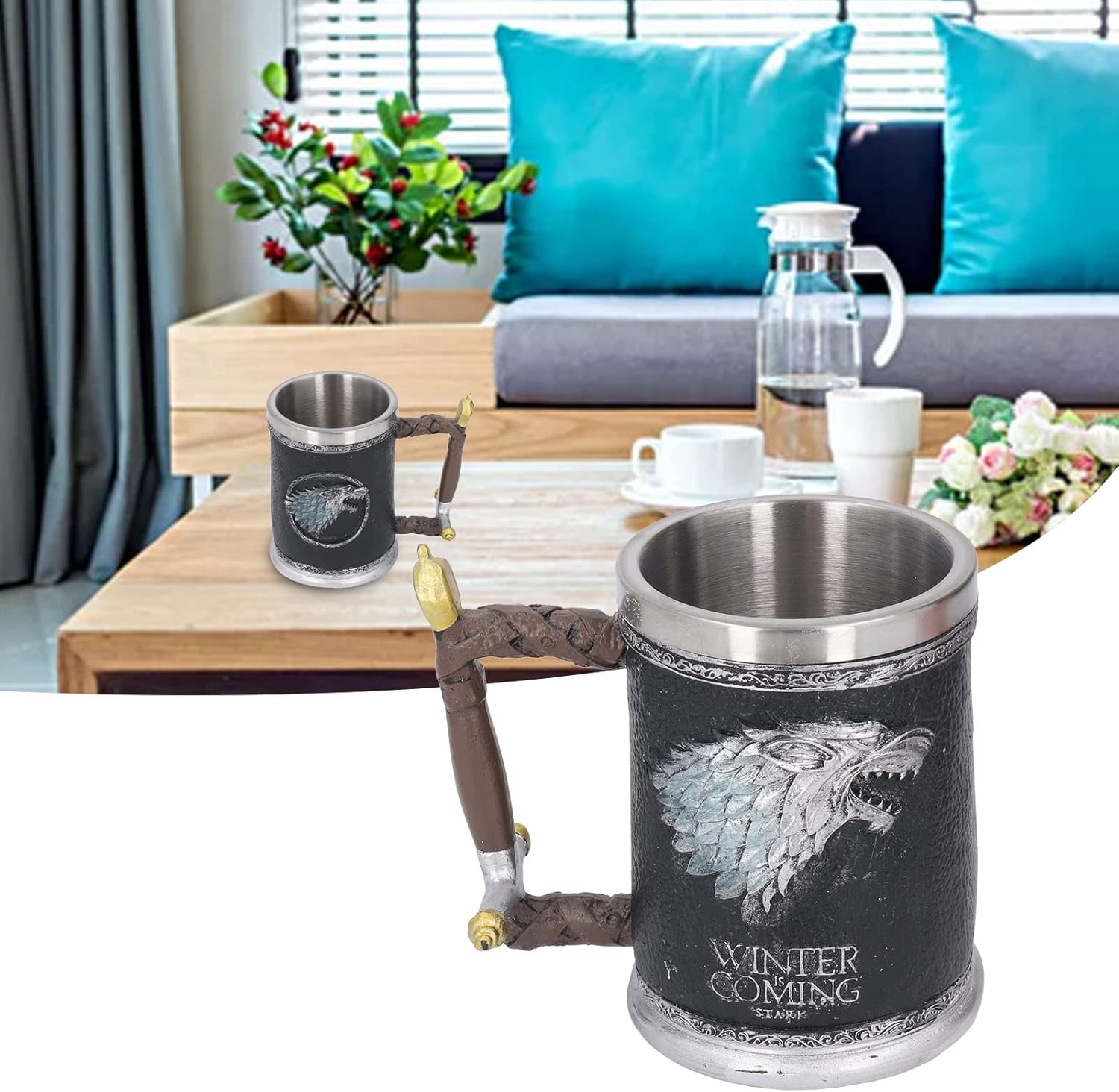 Nordic Viking Rune – Taza de acero inoxidable tipo jarra, taza de cerveza de barril de madera, taza vikinga grande de cerveza de madera, jarra con