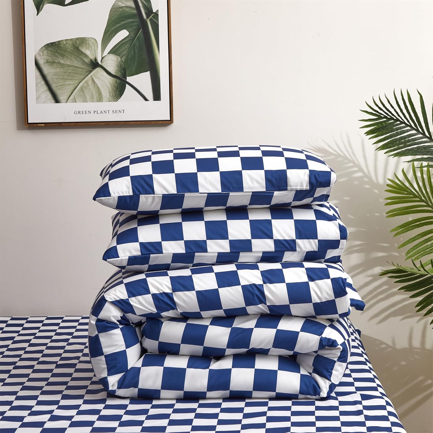 Juego de edredón de cuadrícula azul real y blanco, juego de ropa de cama a cuadros azul real para niñas, juego de edredón transpirable para niños,