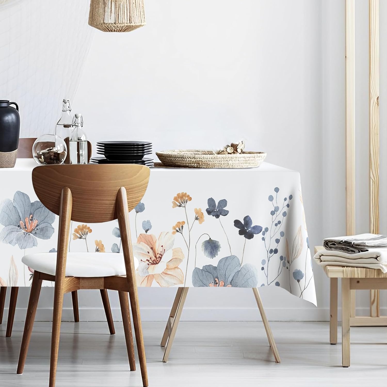 Blue Beige Flowers Fabric Waterproof Tablecloth,Rectangle Watercolor Wrinkle Oil-Proof Resistant Table Cover for Dining Table, Modern Minimalist