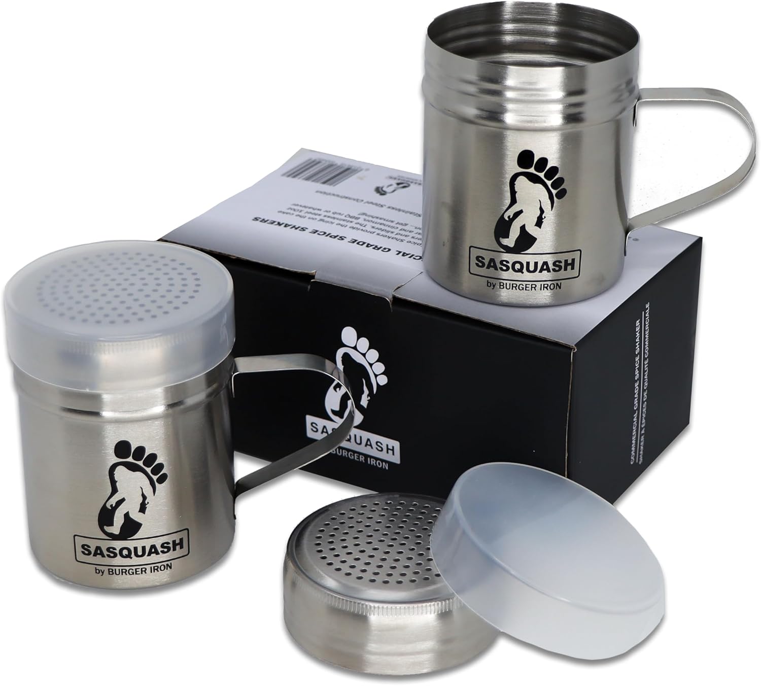 The Sasquash Spice Shaker  Plancha de hamburguesa de grado profesional de 10 onzas de acero inoxidable para hamburguesas y parrilla, salero y