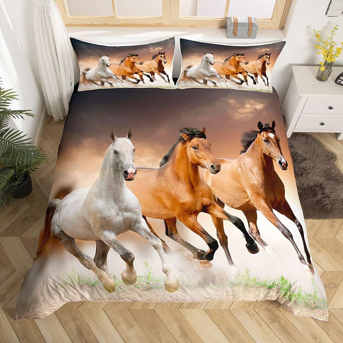 Erosebridal – Juego de funda de edredón con diseño estampado de caballos color café, juego de cama suave y ligero para niños y adolescentes, tamaño