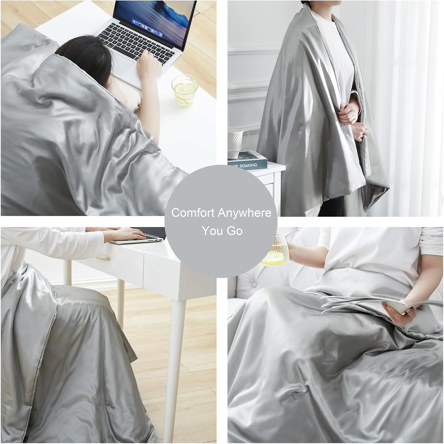 Manta de seda  Manta de satén plegable de enfriamiento gris claro para sofá, cama, campamento, al aire libre, viajes, coche  Manta súper suave y