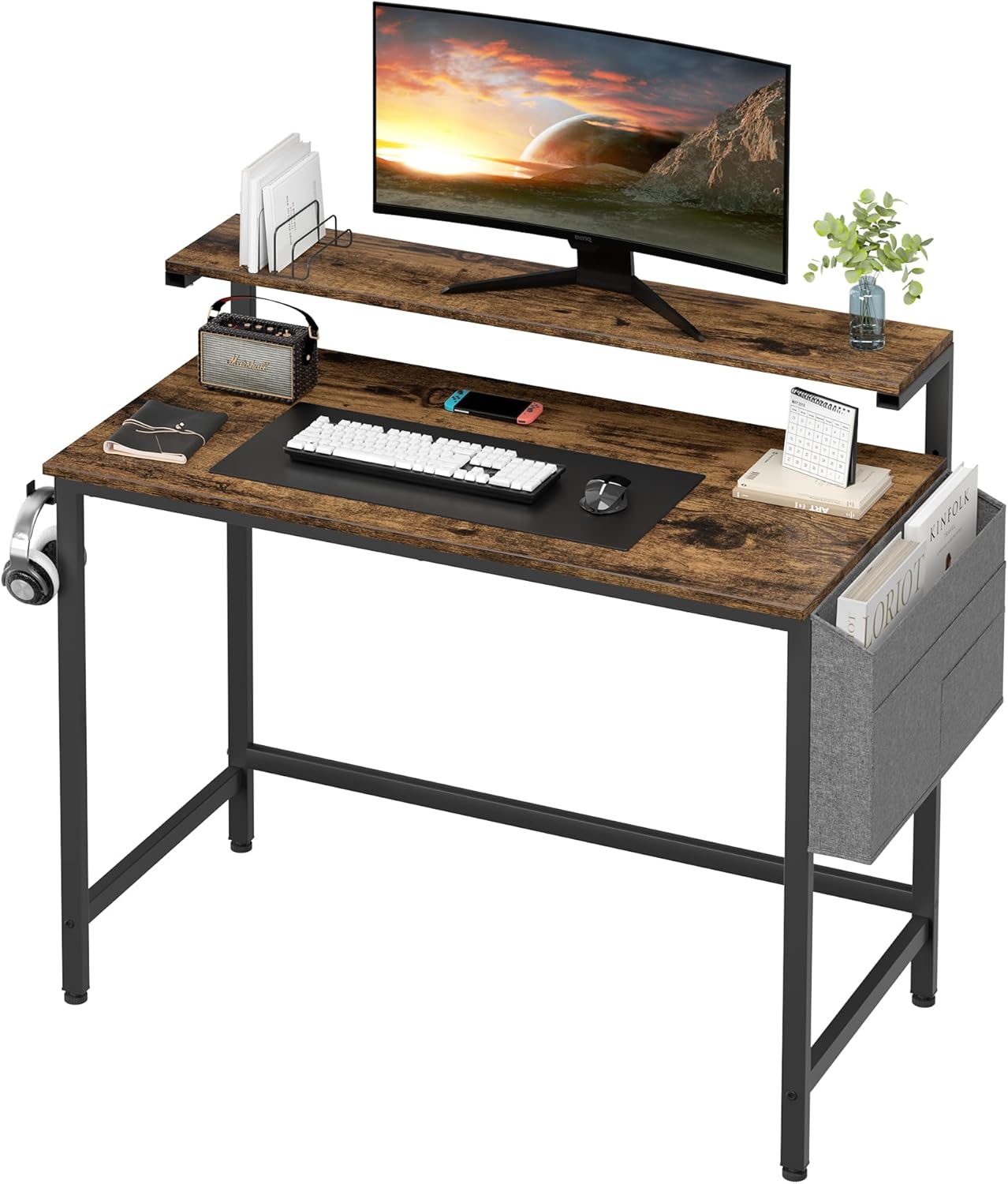 Shintenchi Escritorio para computadora de 40 pulgadas con soporte para monitor, escritorio de escritura de diseño estable, estación de trabajo de