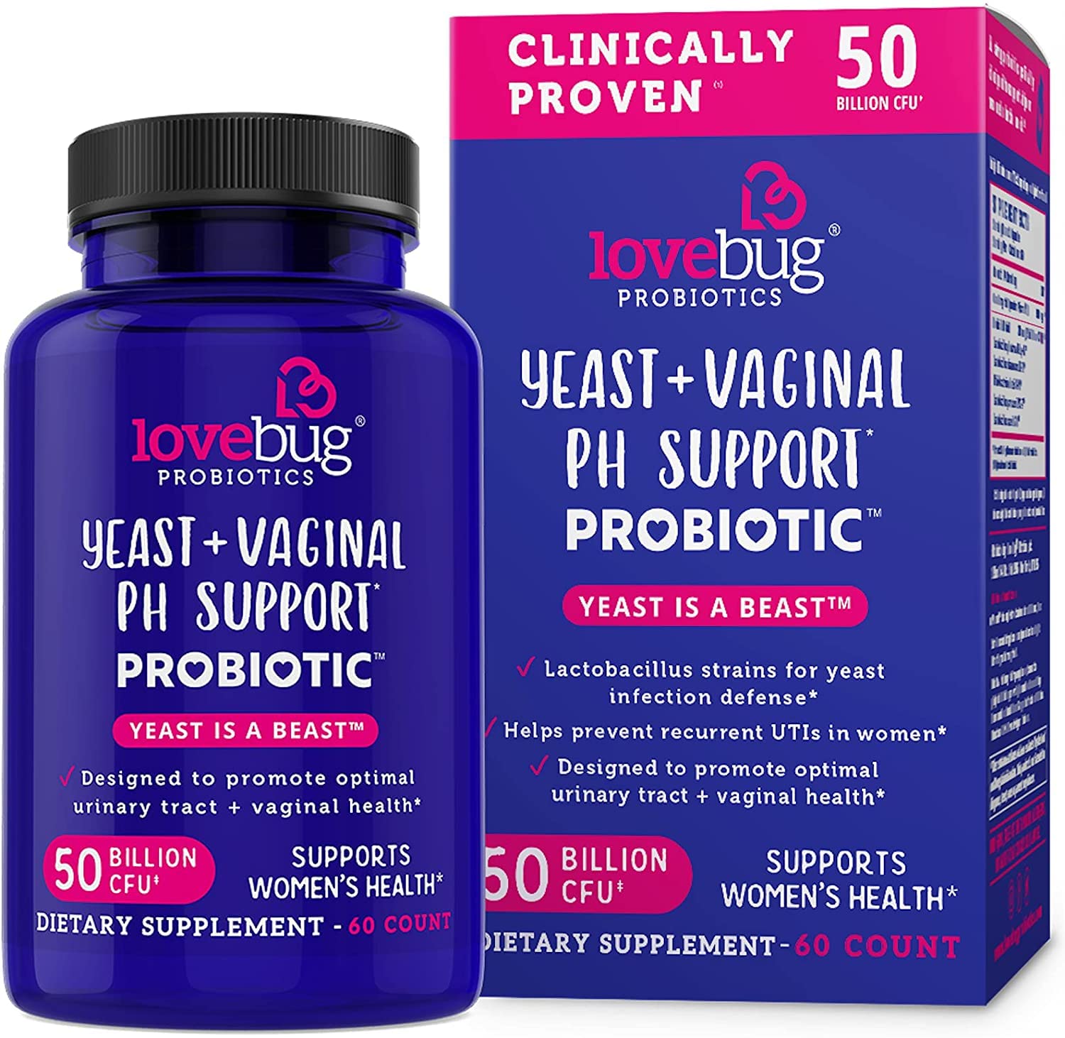 Levadura Lovebug + soporte de pH vaginal  Ingredientes clínicamente estudiados para levaduras e infecciones urinarias  Multi Strain 50 mil millones
