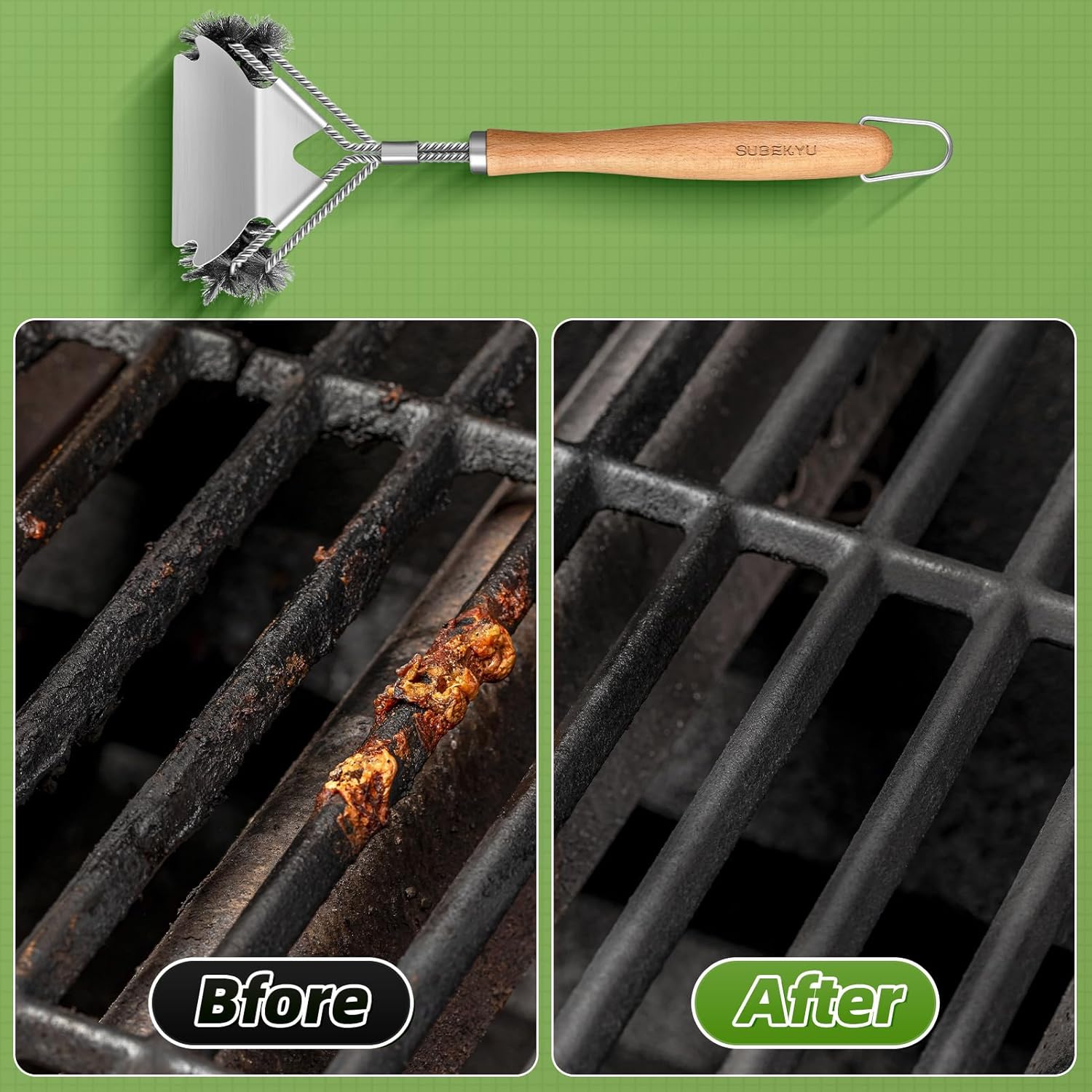 SUBEKYU Cepillo de parrilla para parrilla al aire libre, raspador de parrilla de barbacoa de 15.3 pulgadas, cepillo de limpieza para parrilla al