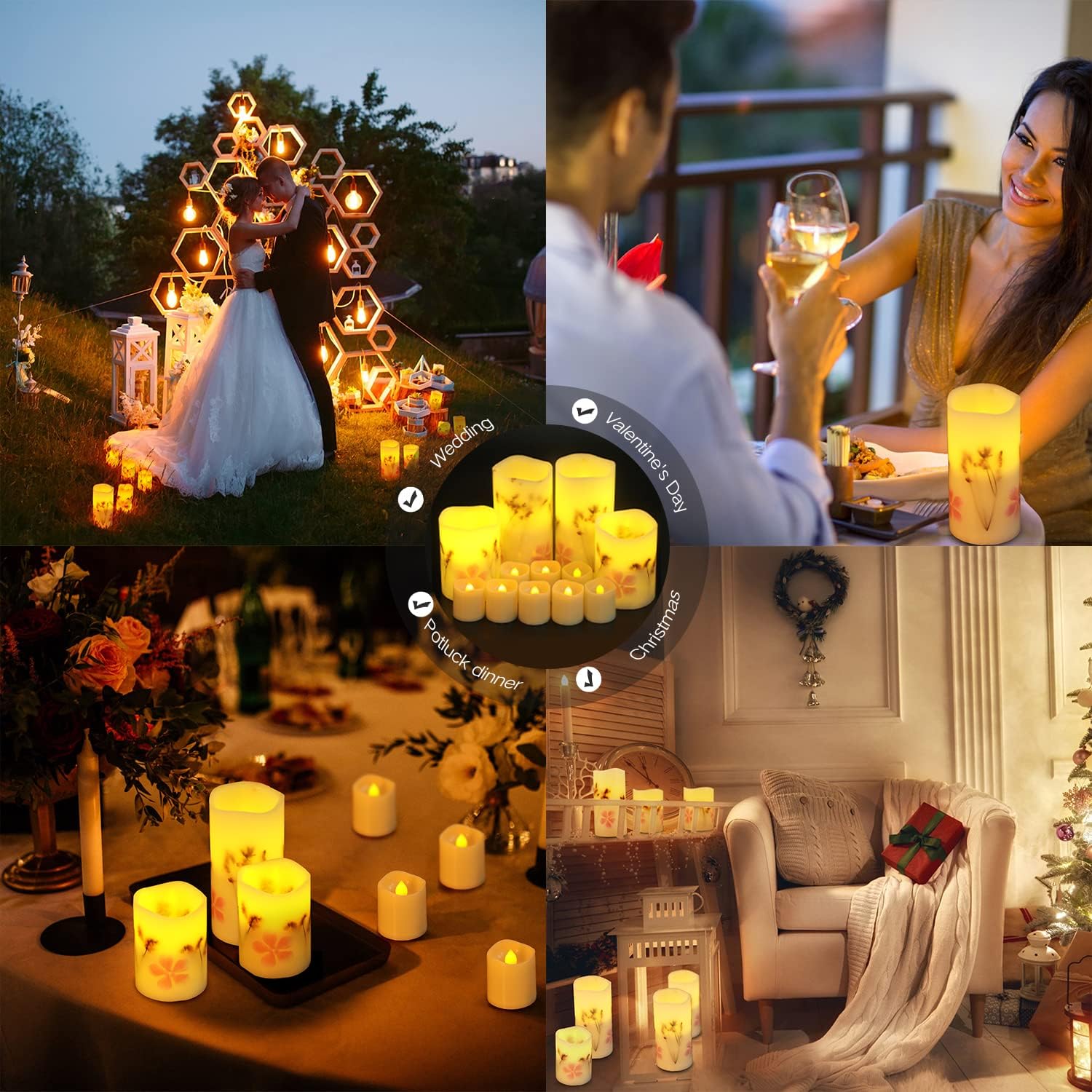 Velas sin llama con control remoto, paquete de 12 velas a pilas, velas parpadeantes sin llama con flores secas incrustadas, velas LED eléctricas de
