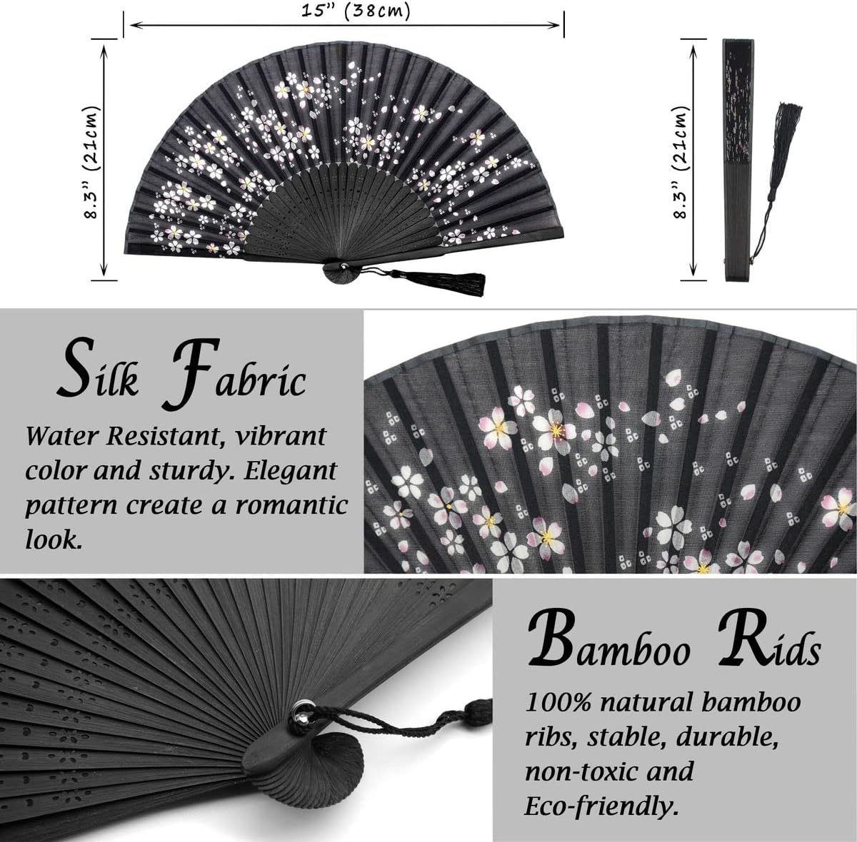 OMyTea Abanico de mano plegable para mujer  Abanico de seda de bambú plegable chino japonés vintage  para sofocos, iglesia, decoración, EDM,