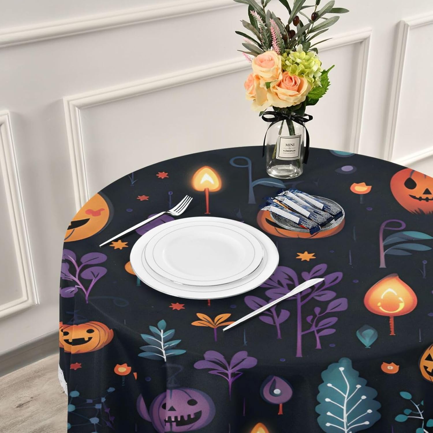 ZOEO Mantel redondo de calabazas de Halloween con hojas de 60 pulgadas, reutilizable, mantel circular de poliéster, lavable, mantel circular para
