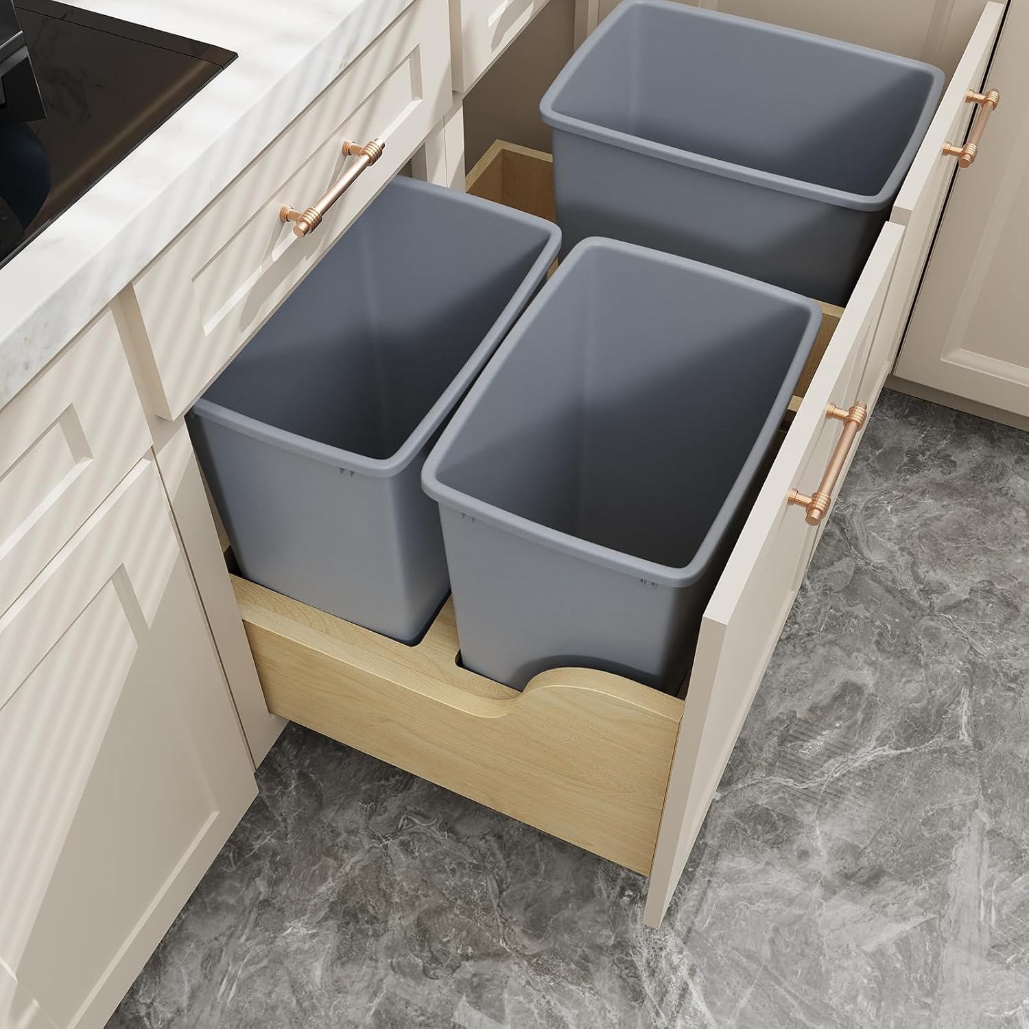 ROOMTEC Cubo de basura extraíble doble de 35 cuartos debajo del gabinete, cubo de basura extraíble para gabinete y basura, cubo de basura extraíble