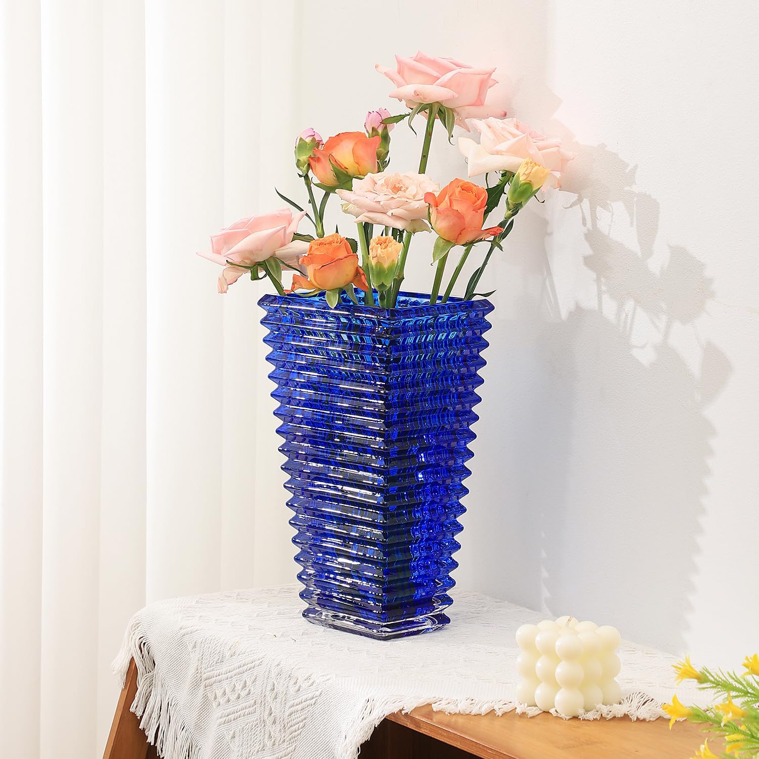 Jarrón de cristal, jarrón de vidrio azul, jarrón de vidrio resistente, jarrones para centros de mesa, florero grande, jarrón de vidrio grande,
