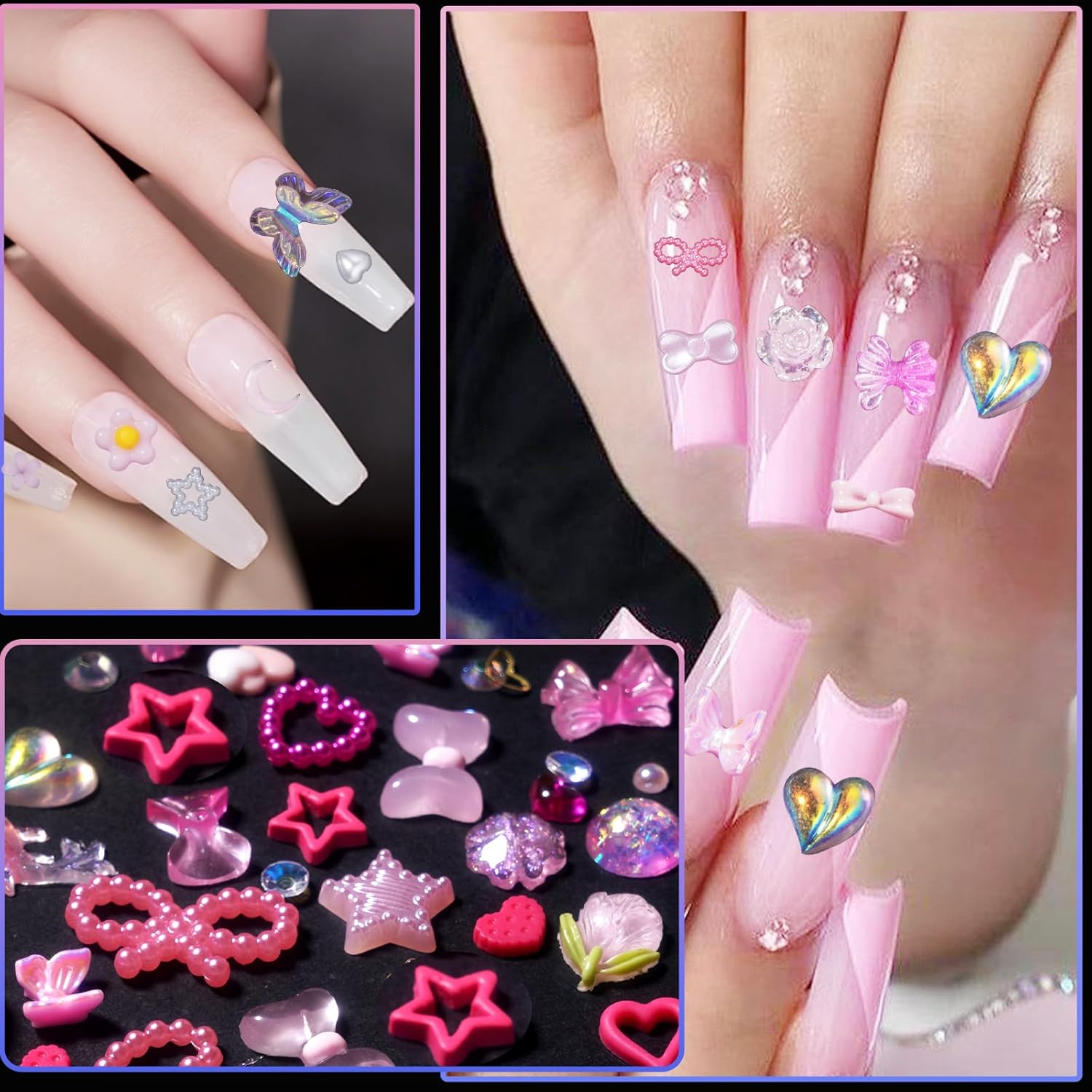 300 piezas surtidas de acrílico multiformas, corazón rosa, flor, mariposa, lazo, 3D, dijes de uñas huecas, perlas huecas, dijes de uñas para
