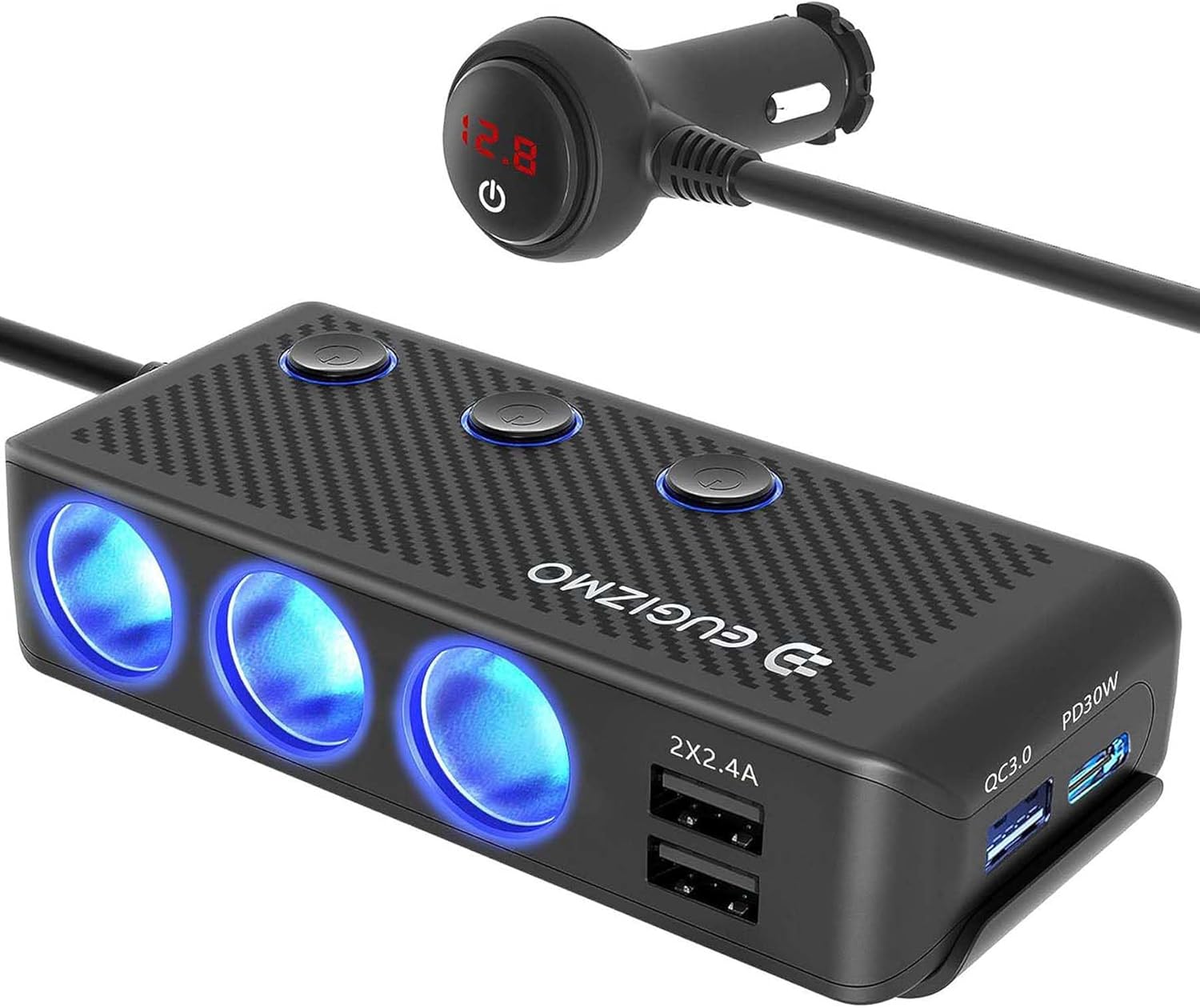 Divisor de enchufe para encendedor de cigarrillos, 3 zócalos de 200 W, adaptador de encendedor de cigarrillos USB, cable de extensión de cargador