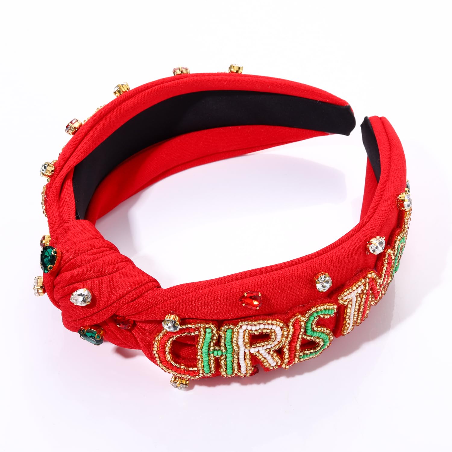 NVENF Diadema de Navidad para mujer, diadema de Navidad con adornos de perlas de cristal, diadema anudada con nudo superior ancho, accesorios para