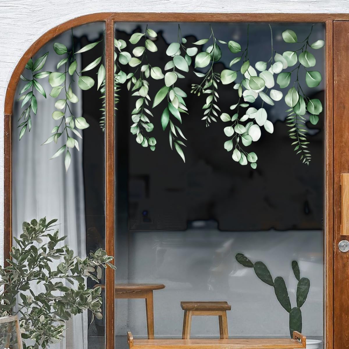 Calcomanías de ventana de hojas verdes, enredaderas colgantes, flores, estáticas, removibles, de doble cara, calcomanías de ventana para el hogar,