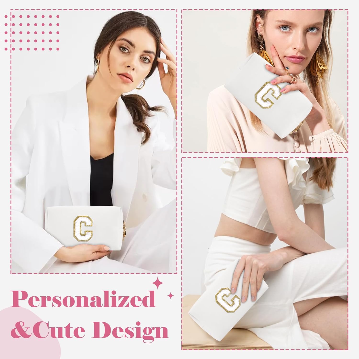 Bolsa de maquillaje personalizada con inicial A-Z, pequeña bolsa de cosméticos de viaje de piel sintética con cremallera, bonita bolsa de aseo