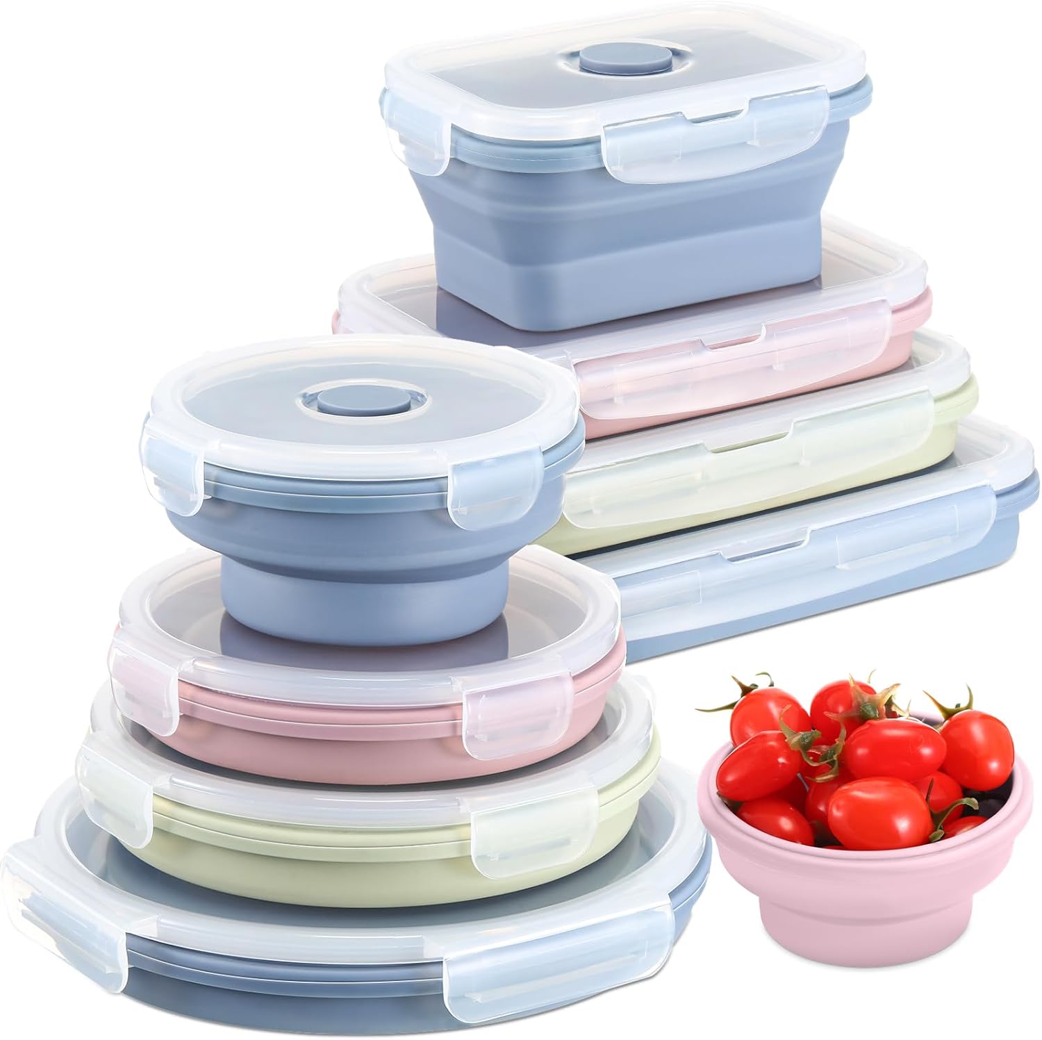 Nuanchu 8 recipientes plegables de almacenamiento de alimentos de silicona herméticos con tapas, rectangulares y redondos, apilables, para