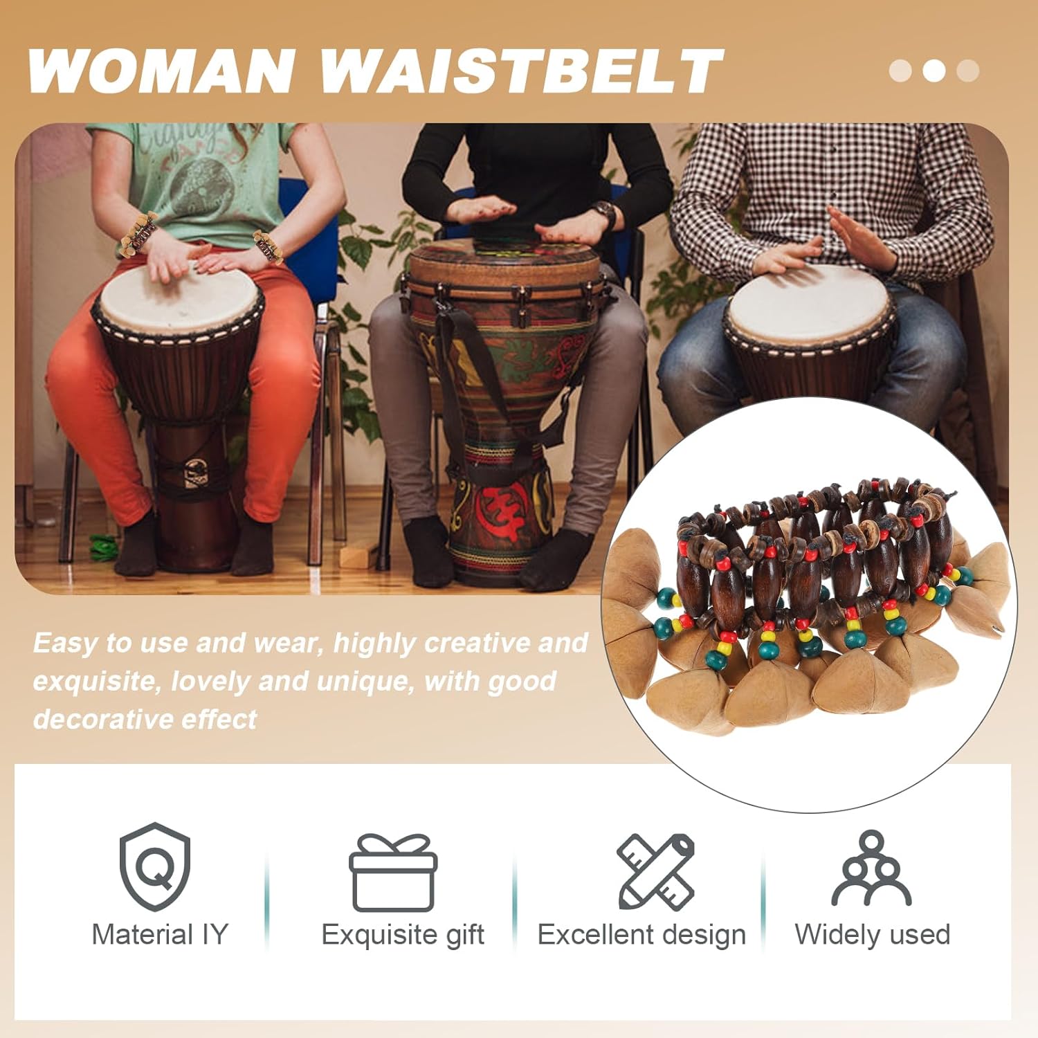 Milisten Tambora Dominicana – Paquete de 2 pulseras africanas de concha de nuez africana, instrumentos musicales, campanilla de tuerca africana,