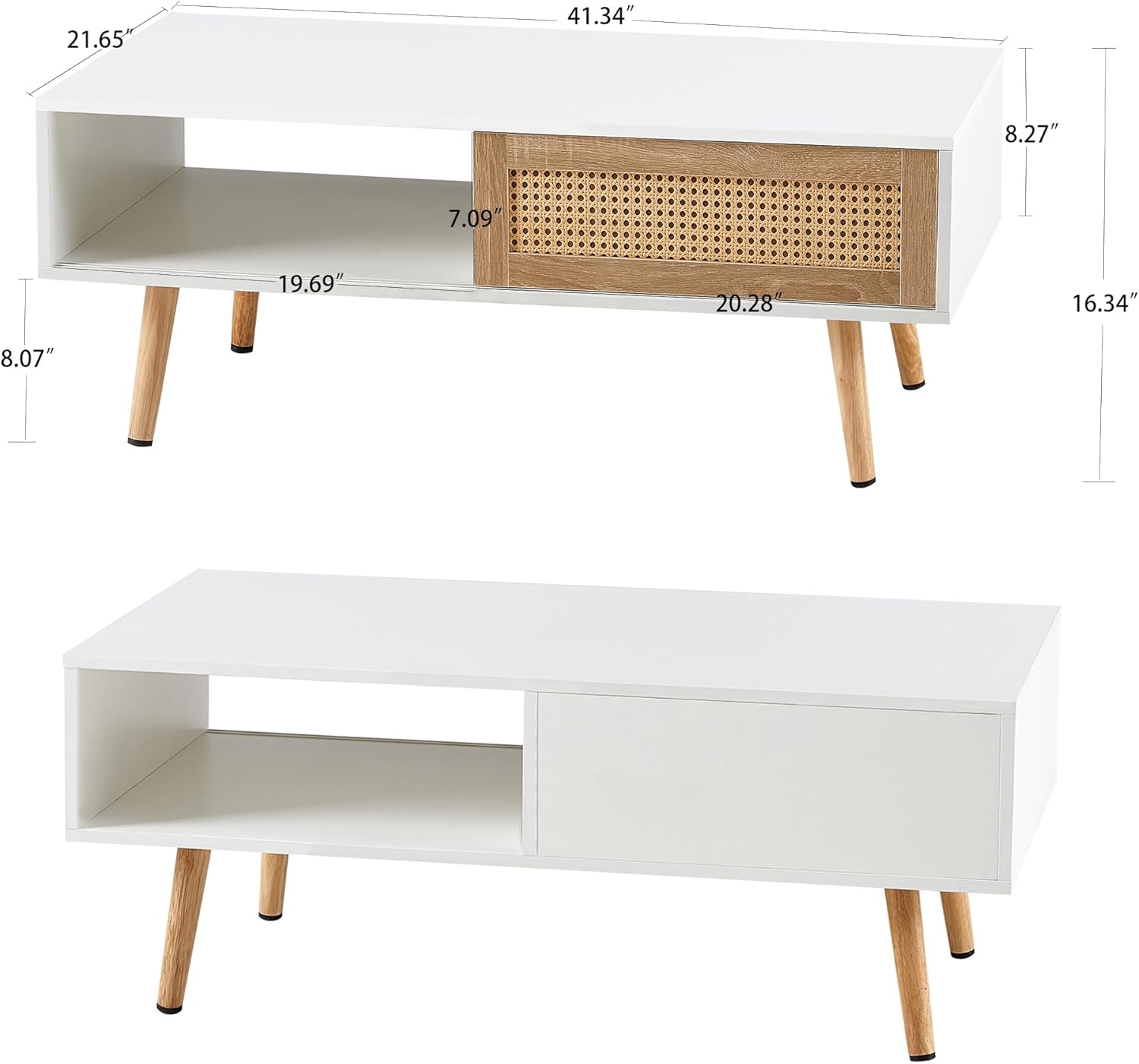 Mesa de centro de ratán para sala de estar, mesas centrales de sofá Mordern blanco, patas de madera maciza, mesa central rectangular para