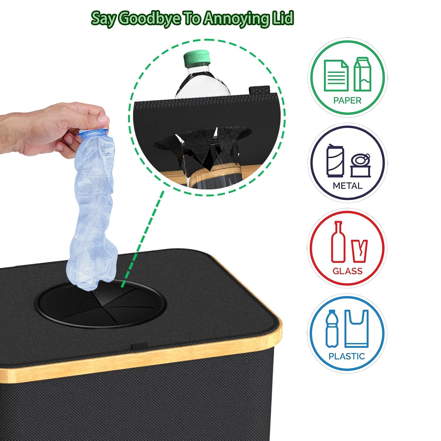 Pakusane Papelera de reciclaje para interiores, grande de 26 galones, 100 litros, con bolsa interior reutilizable, botella de plástico para residuos