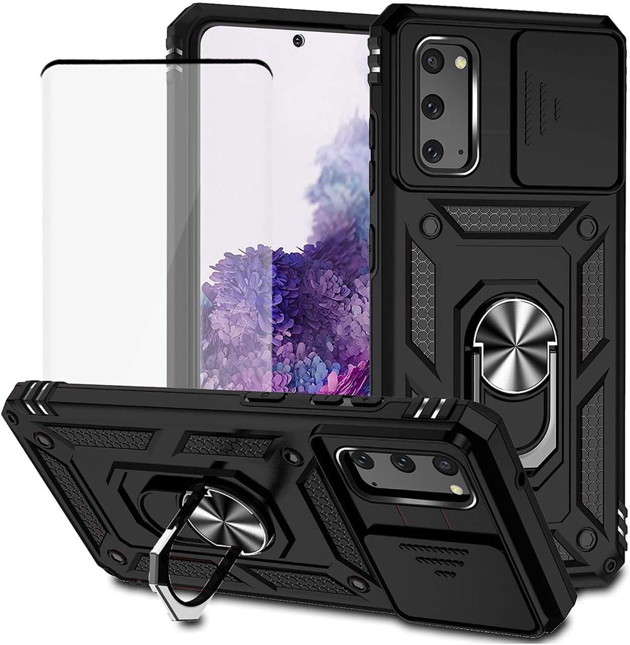 Funda para Galaxy S20 5G, Samsung S20 SM-G981U con protector de pantalla de vidrio templado y cubierta de cámara deslizante, anillo magnético para