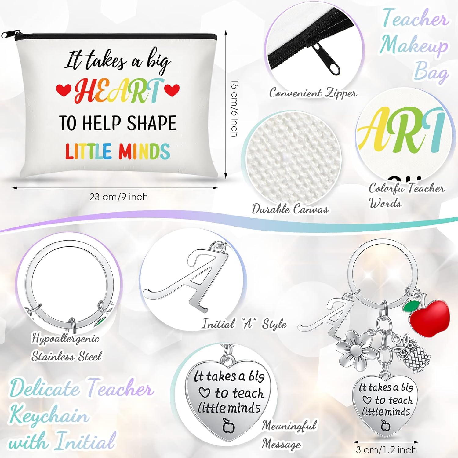 Vaso de vino de 3 piezas de 12 onzas con texto en inglés “Teach Love Inspire – It Takes a Big Heart To Help Shape Little Minds – Bolsa de cosméticos
