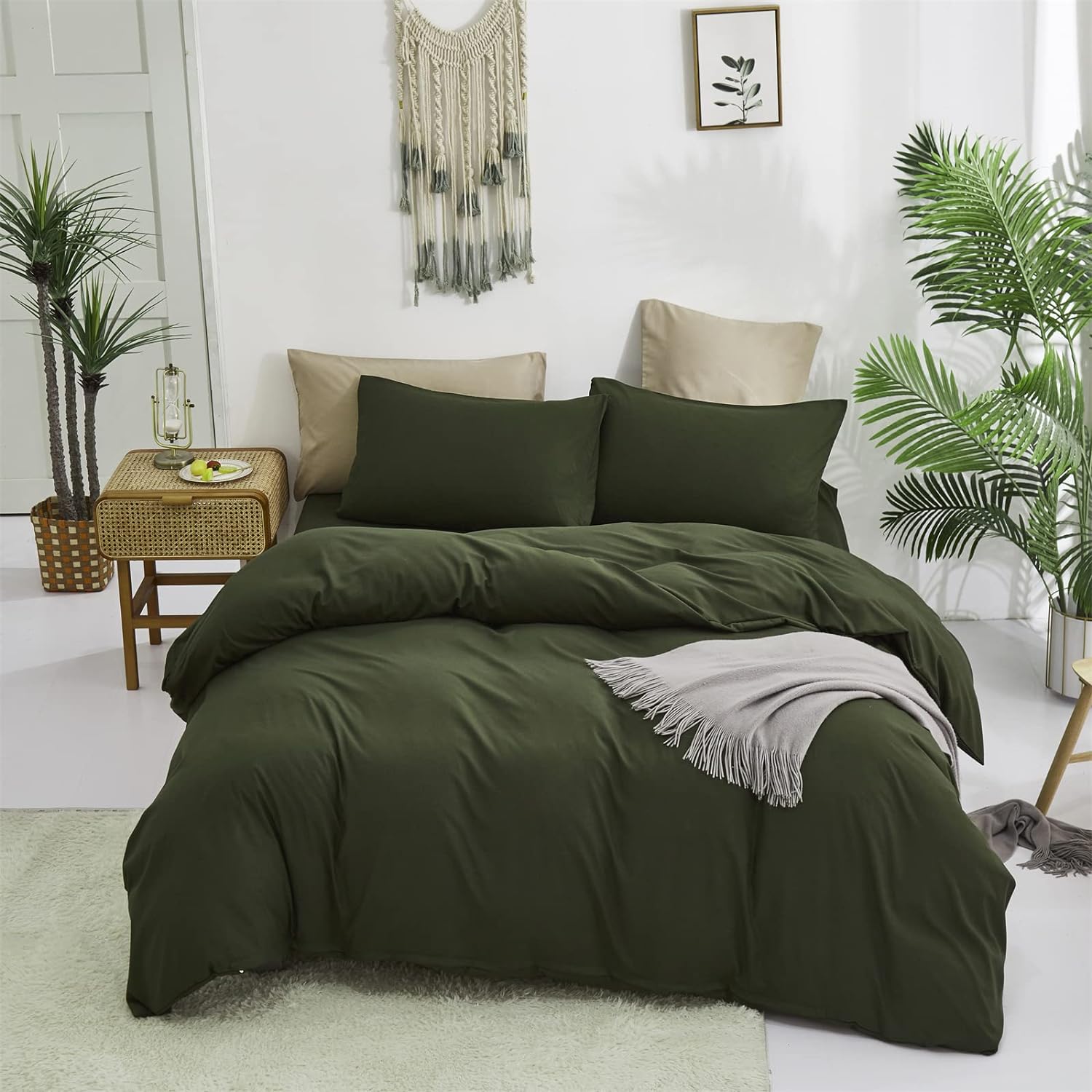Cottonight – Juego de edredón verde militar tamaño California king, edredón unicolor moderno, suave y transpirable color verde oscuro, juego de 3