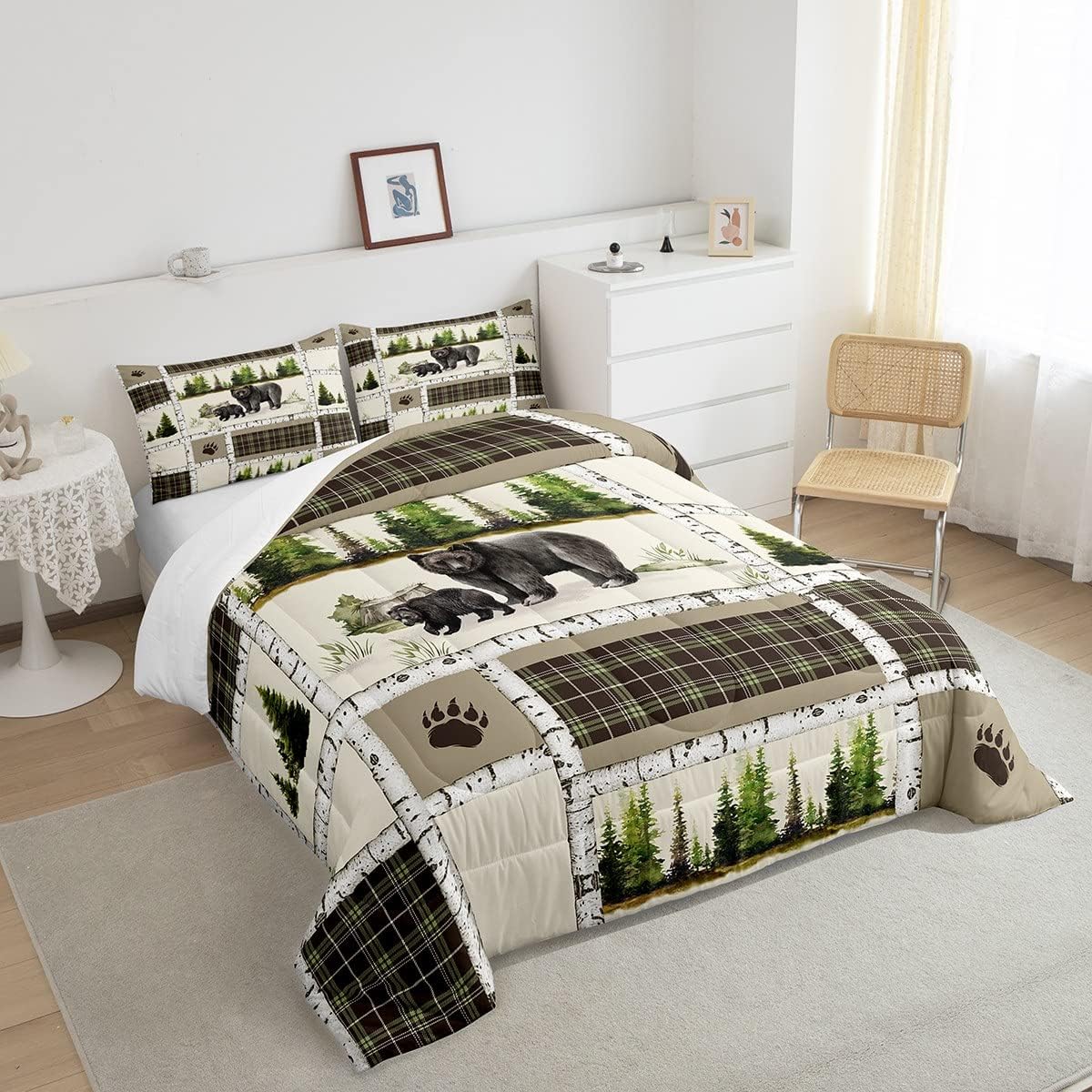 Juego de ropa de cama individual de oso negro, edredón retro de animales de bosque de caza para cabaña de campo, juego de edredón de retazos verde y