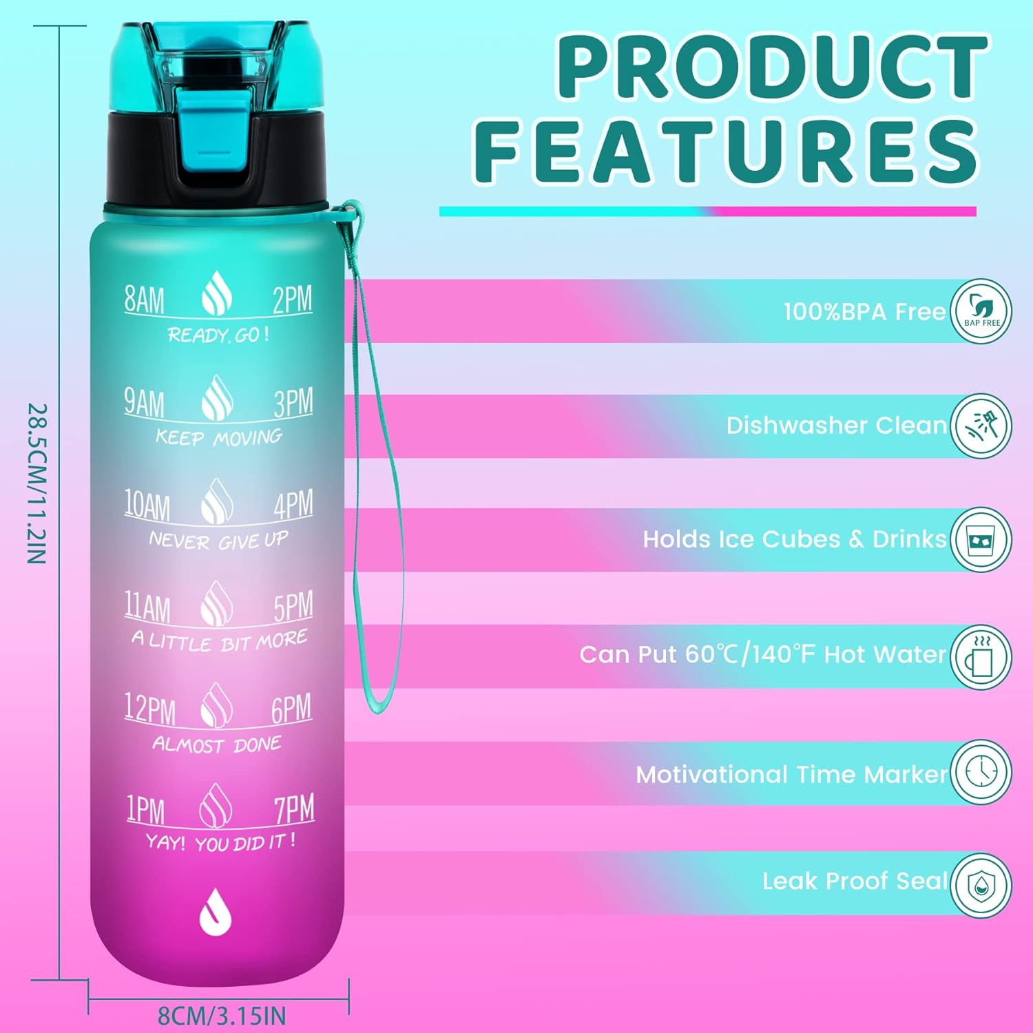 ZOMAKE Botella de agua motivacional de 32 onzas con tiempos para beber, marcador de tiempo y filtro extraíble, flujo rápido, jarra de agua Tritan