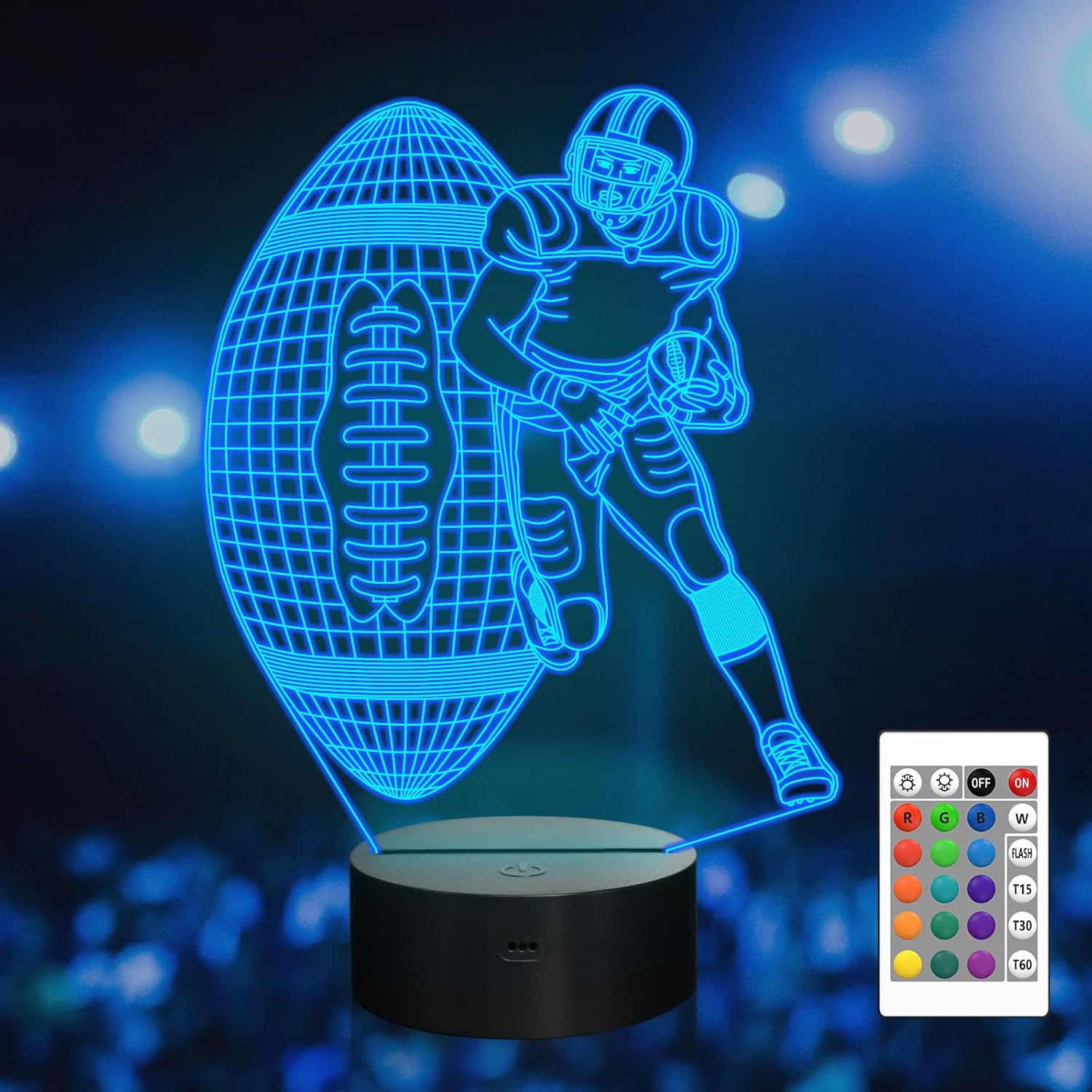 Attivolife Luz nocturna 3D para jugador de fútbol, lámpara LED de ilusión de rugby con control remoto y táctil, 16 colores que cambian regulables,