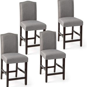 COSTWAY Juego de 4 taburetes de bar, sillas tapizadas de lino con patas de madera de goma maciza, sillas de bar de madera para isla de cocina de 25 COSTWAY Juego de 4 taburetes de bar, sillas tapizadas de lino con patas de madera de goma maciza, sillas de bar de madera para isla de cocina de 25