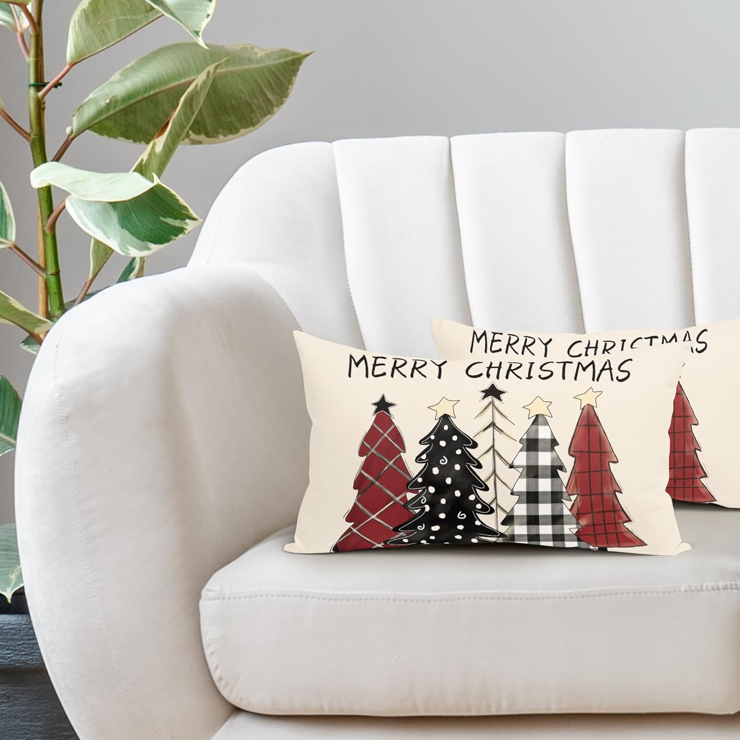 Juego de 2 fundas decorativas de cojín lumbar de 12 x 20 pulgadas, diseño de cuadros blancos y negros, con diseño de árboles rojos de Navidad, para
