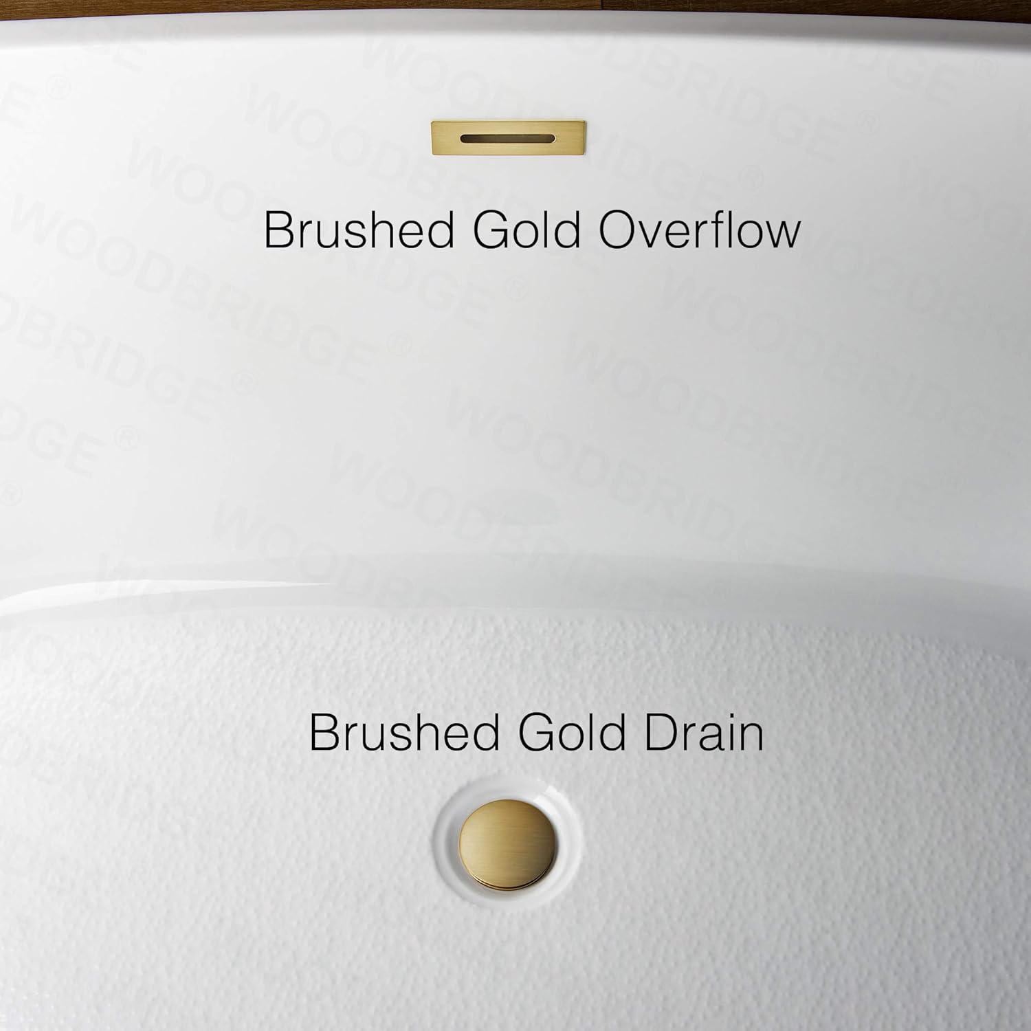 WOODBRIDGE BTA1516-BG-Drain-&O – Bañera de acrílico independiente de 59 pulgadas con desbordamiento y drenaje de oro cepillado, BTA1516-BG-Drain-&O