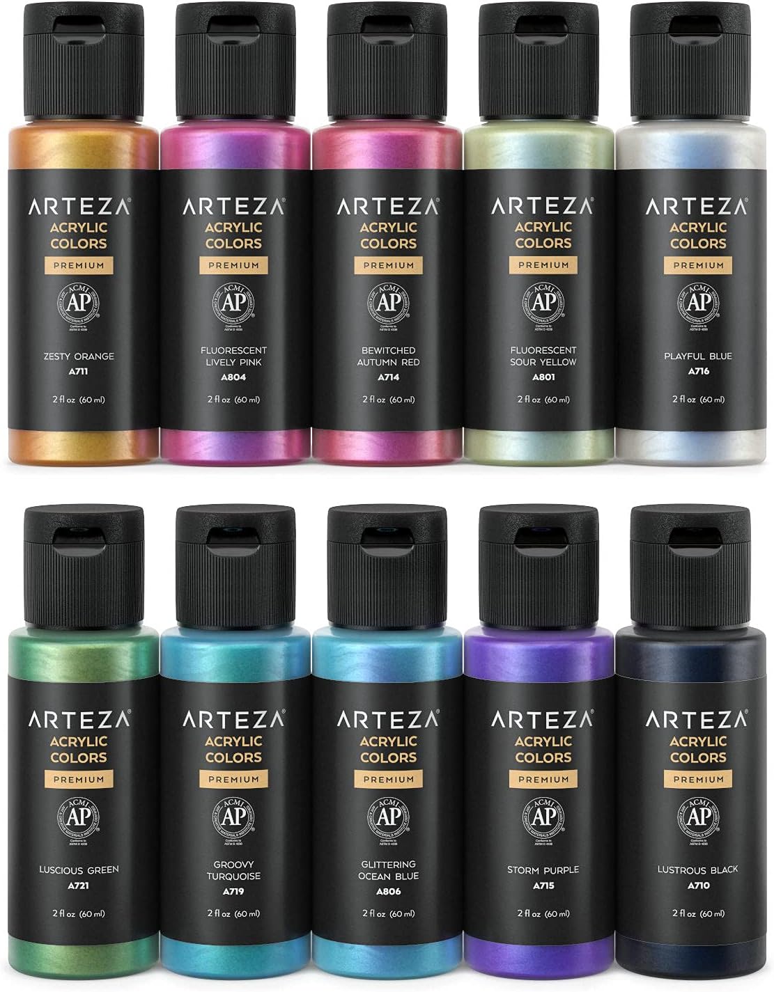 ARTEZA Juego de pintura acrílica metálica iridiscente de 10 colores soñadores, botellas de 2 onzas, pintura a base de agua de alta viscosidad,