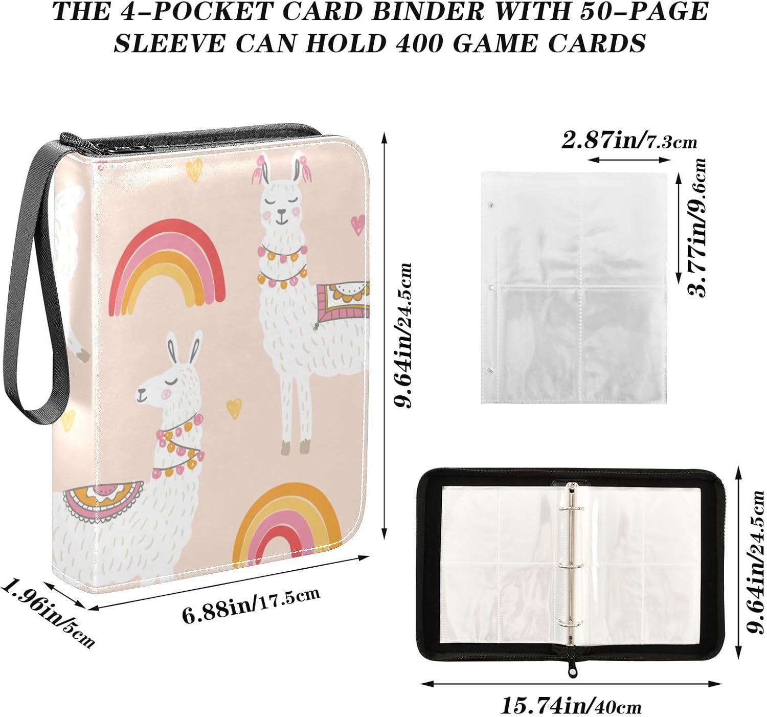 4 Pockets Trading Card Album Holder Book Folder Sports Card Binder Lamas Rainbows 400 Double Side Pockets for 3 Ring Binder Zipper