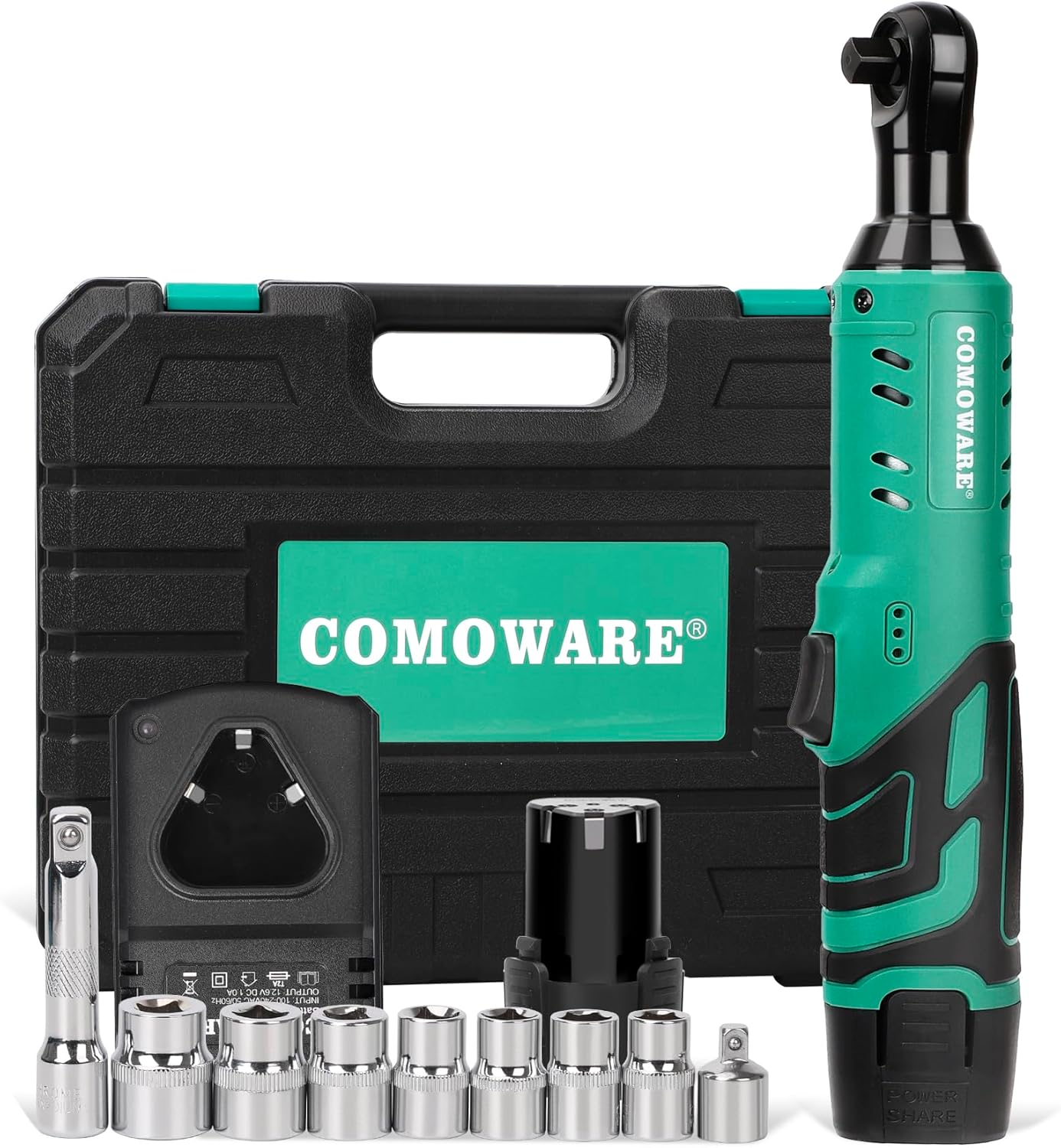 COMOWARE Llave de trinquete eléctrica inalámbrica de 38 pulgadas, kit de trinquete de potencia de 12 V de 40 pies con 1 batería de iones de litio,