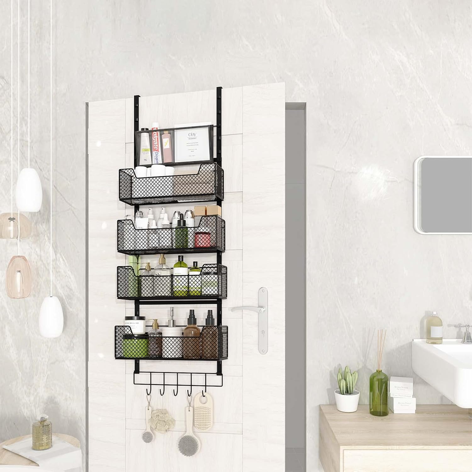 Organizador ajustable sobre la puerta, almacenamiento de puerta colgante con 4 cestas de metal y soporte de pared de bolsillo de PVC, fuerte soporte