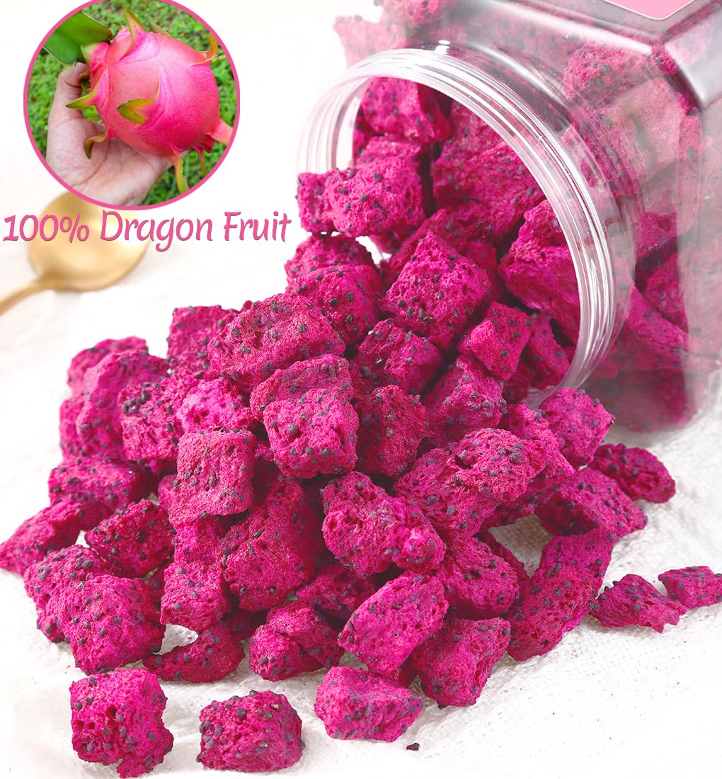 Fruta del dragón liofilizada prémium en cubitos de 2.7 onzas2.72 oz, Pitaya sin azúcar añadido, 1 ingrediente y 100% natural y sin aditivos.