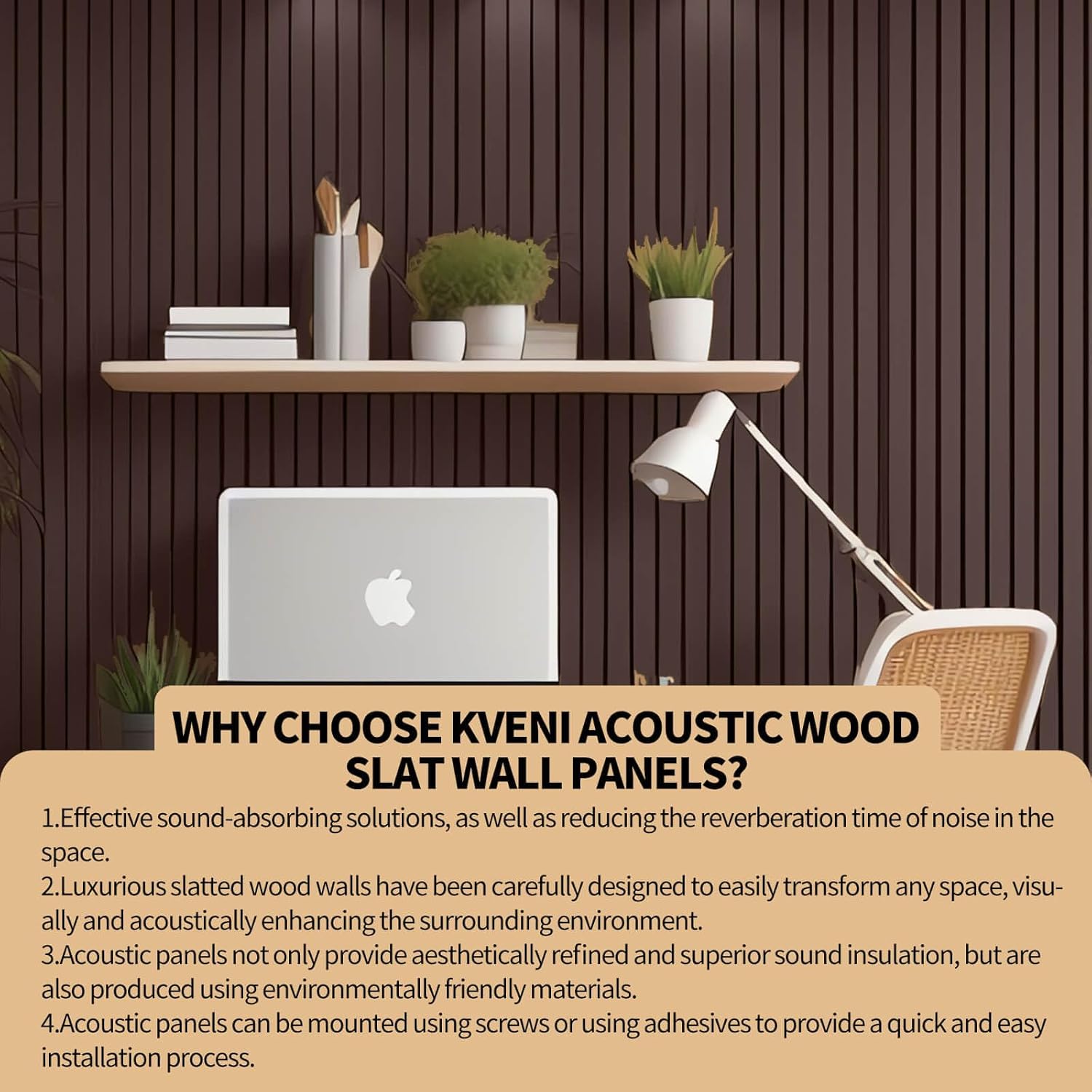 KVENI Paneles de pared de listones de madera acústica  Paneles de madera modernos para pared, panel de absorción de sonido acanalado 3D con acabado