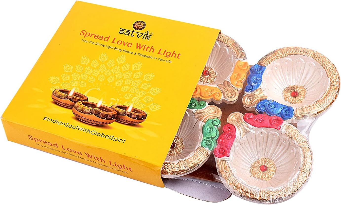 SATVIK 4 piezas de arcilla multicolor Diya Terracota Dia Dia tradicional Puja Vilakku lámpara de aceite natural Mitti Diya luz de té bienvenida